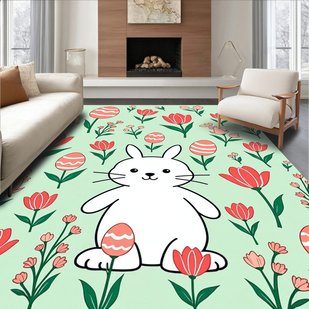 Whimsical Bunny Tulip Egg Meadow Rug