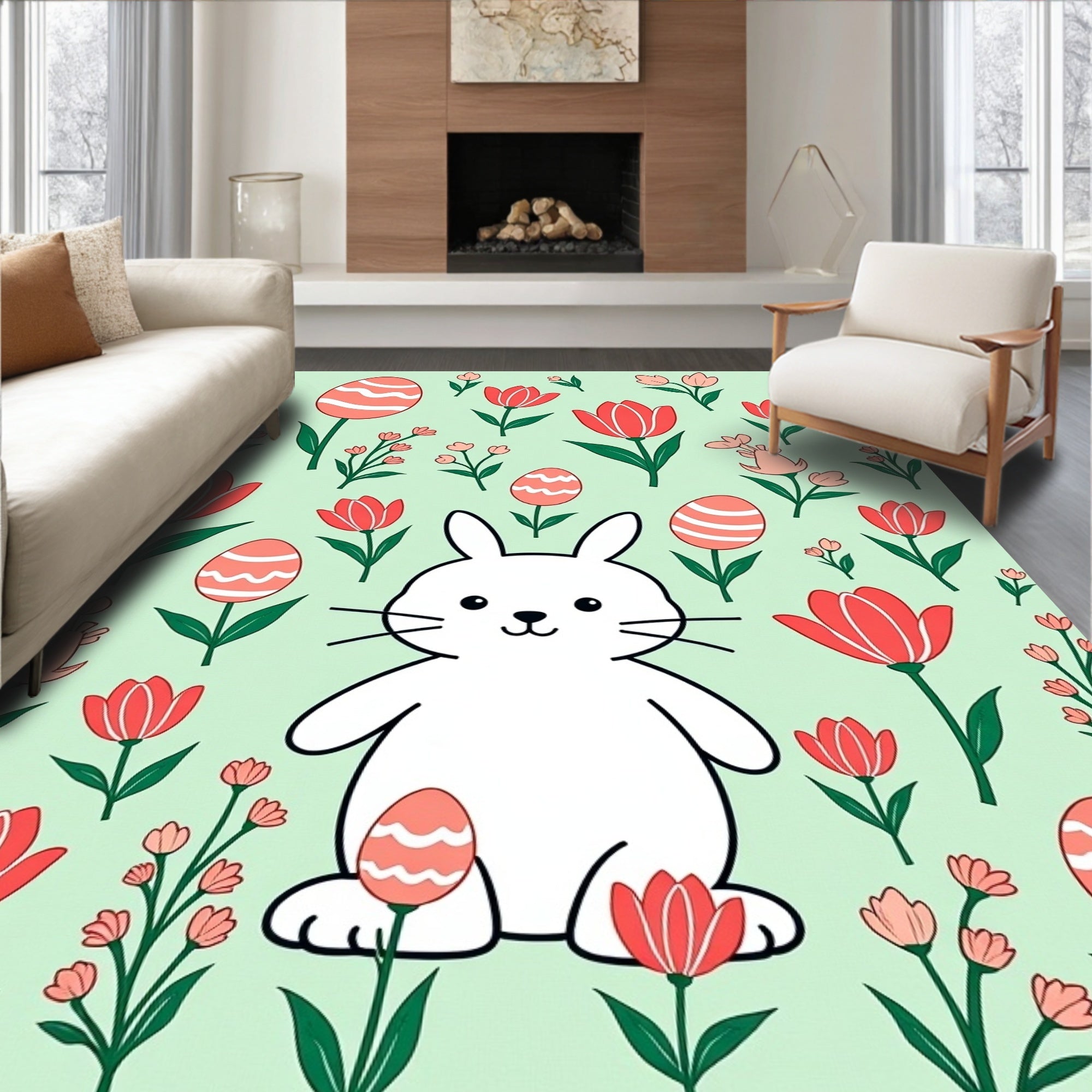 Whimsical Bunny Tulip Egg Meadow Rug