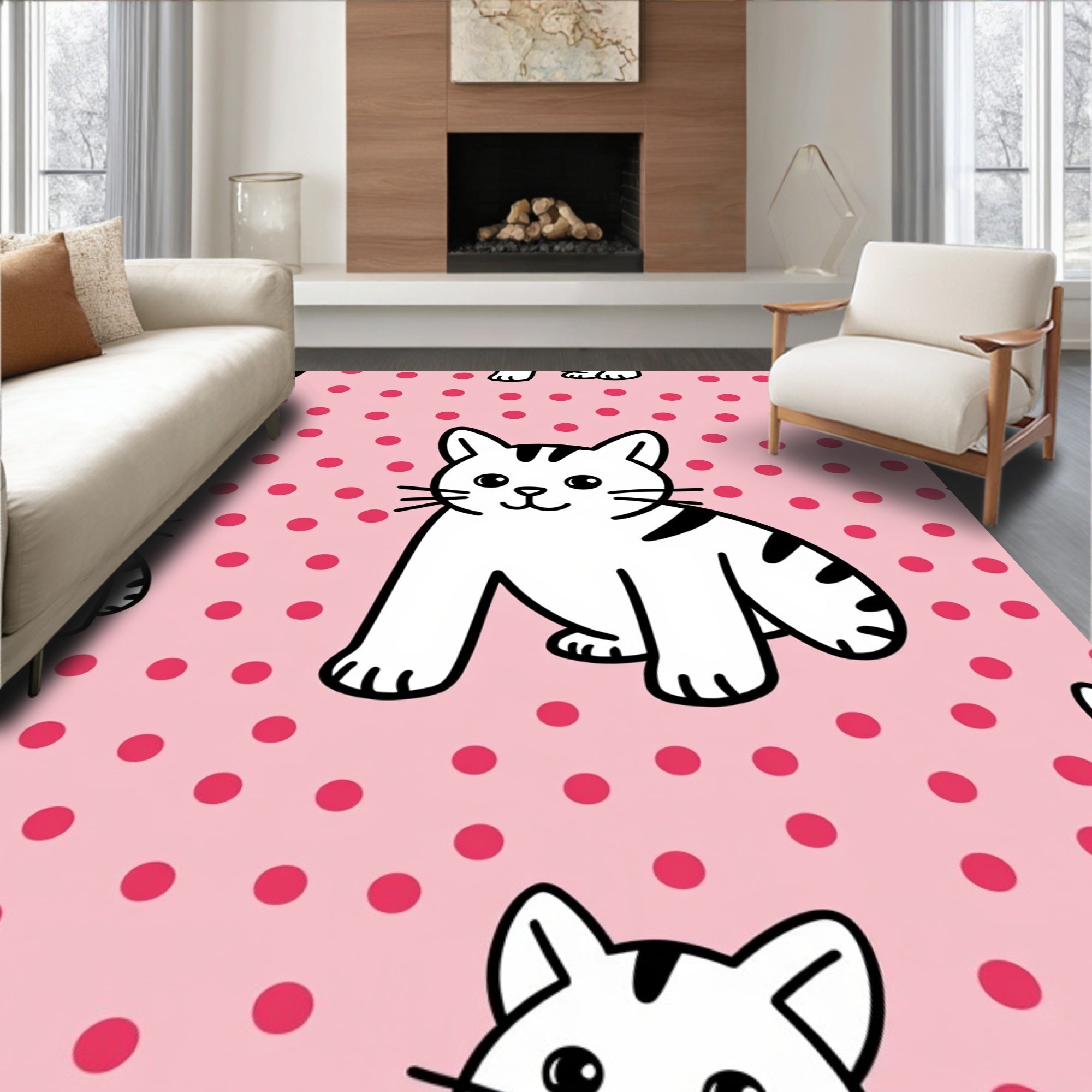 Pink Polka Dot White Cat Friends Rug