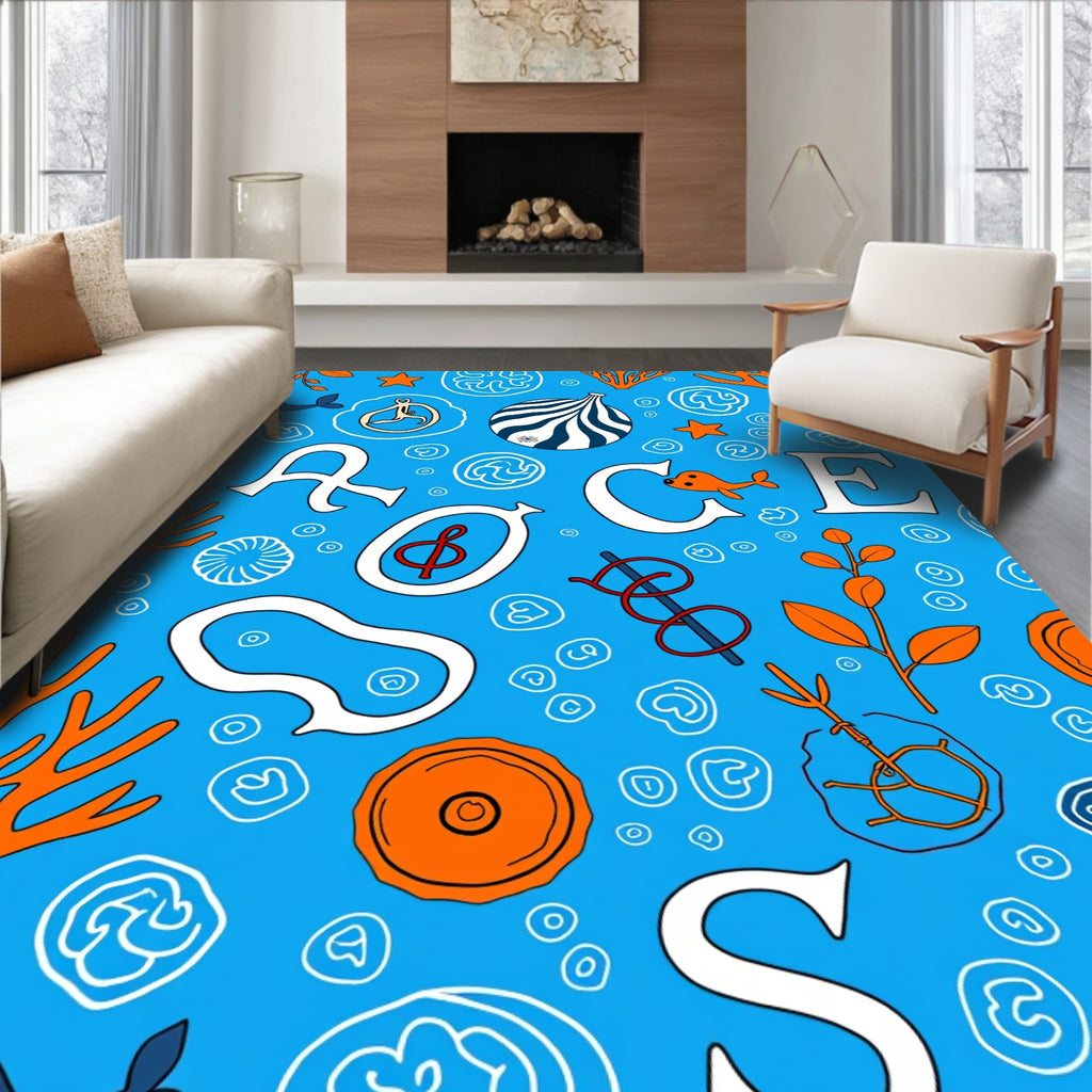 Ocean Orange Sealife Alphabet Collage Rug