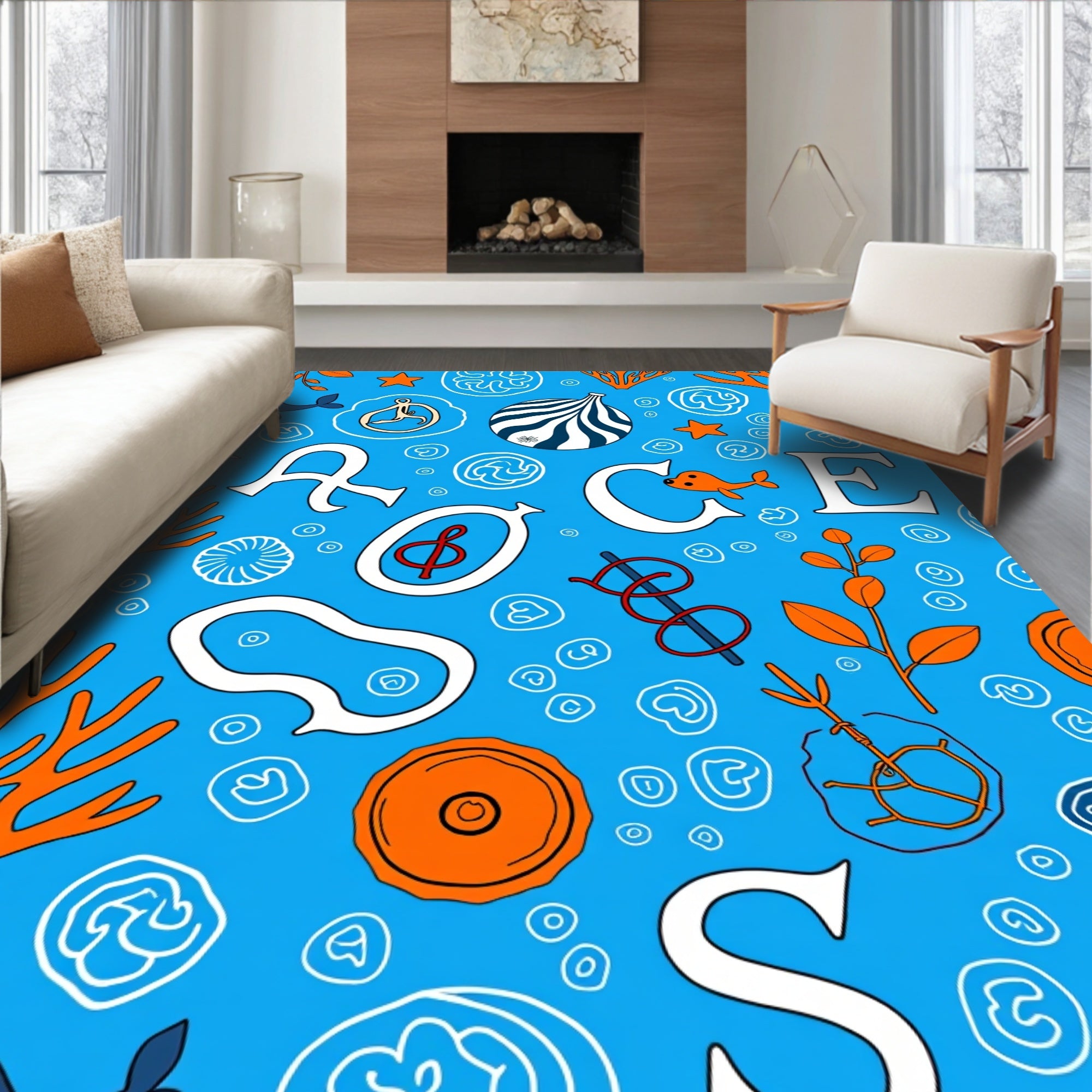 Ocean Orange Sealife Alphabet Collage Rug