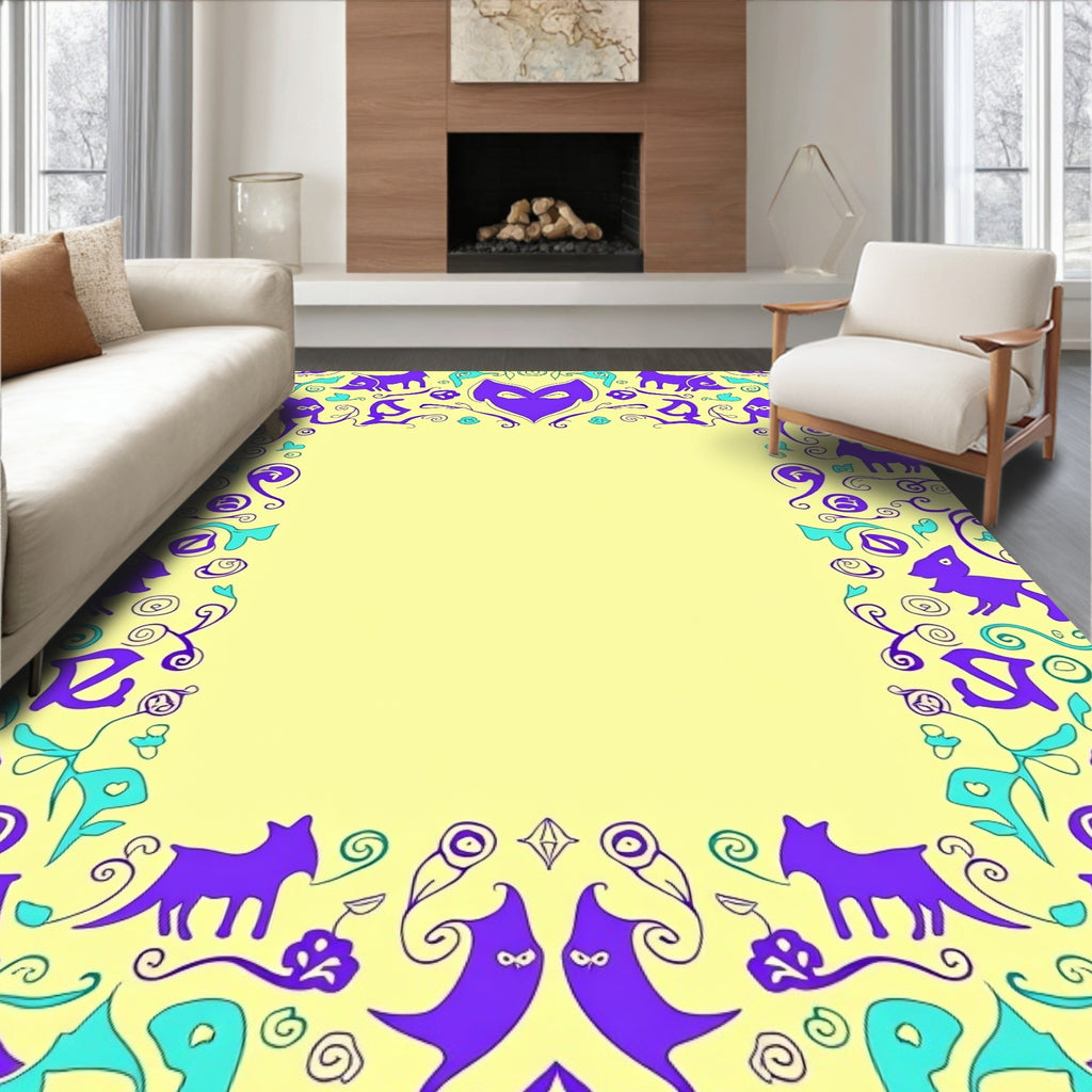Whimsical Purple Teal Animal Border Rug