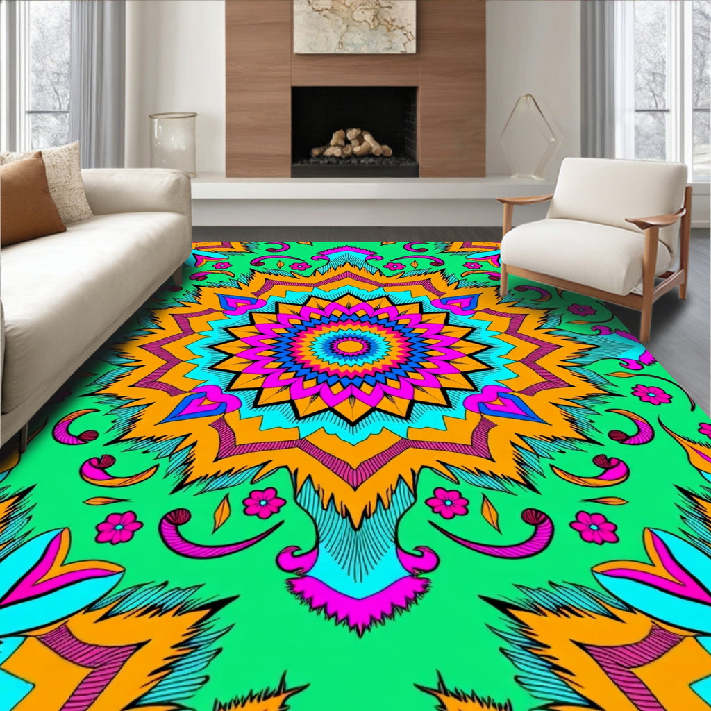 Vibrant Fuchsia Orange Starburst Mandala Rug