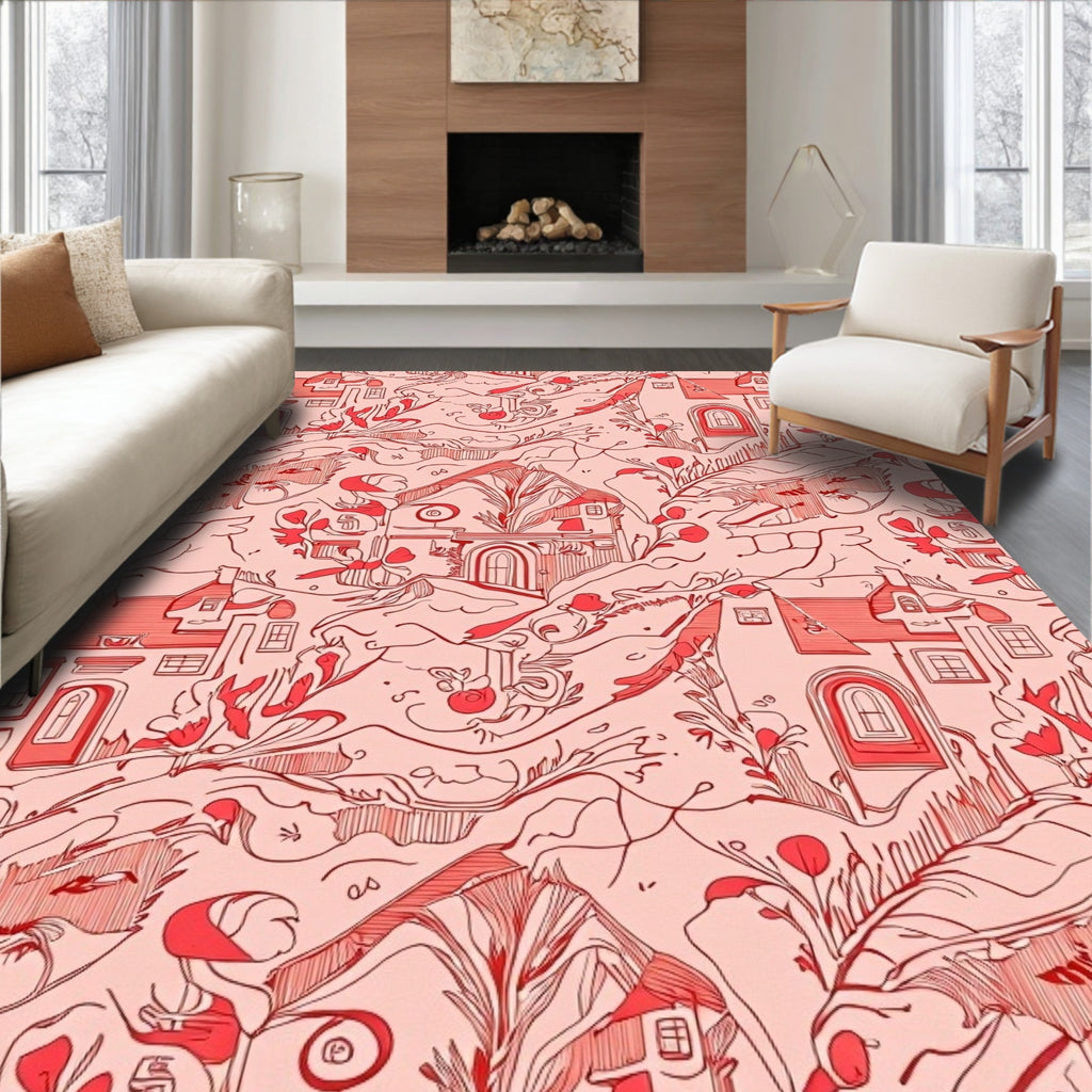 Whimsical Red Village Sketch Rug