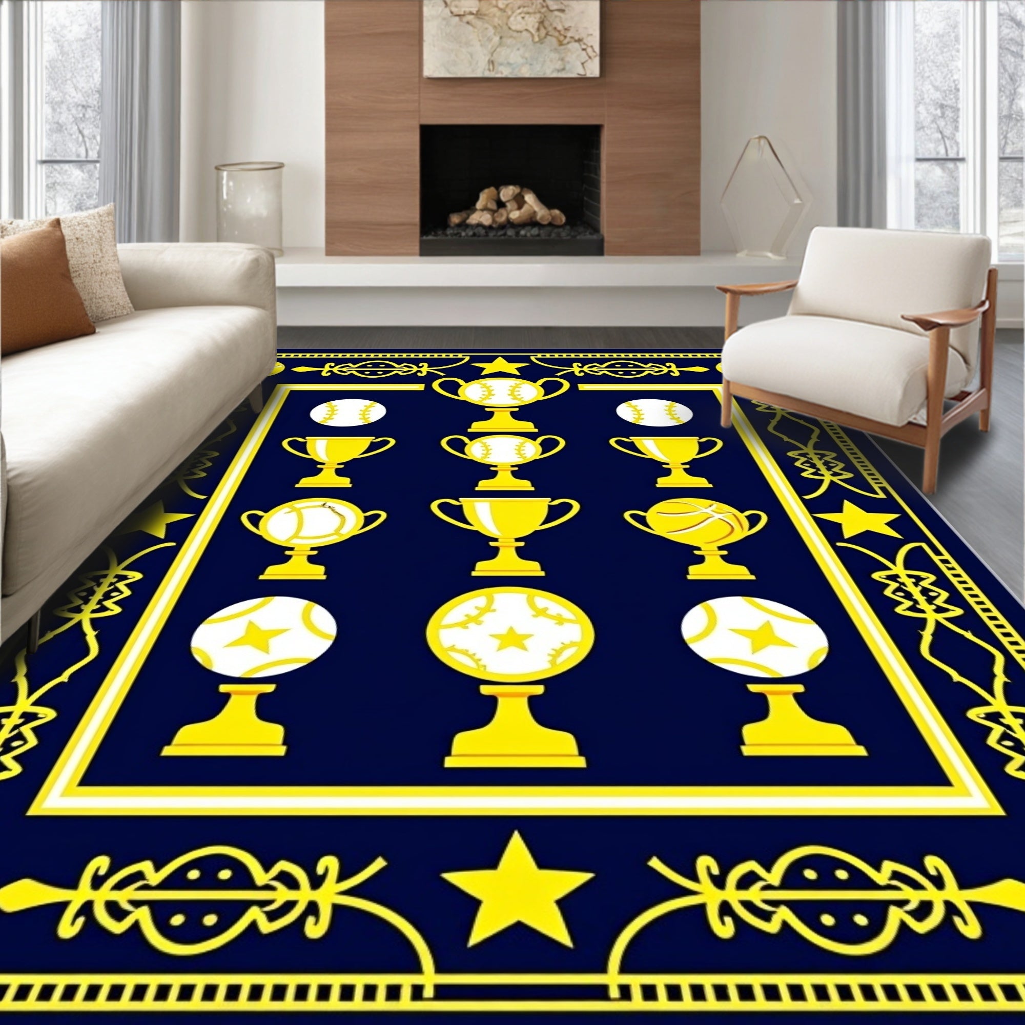 Golden Trophies Baseball Sports Navy Rug