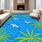 Flying Seagulls Green Palm Branches Blue Waves Rug