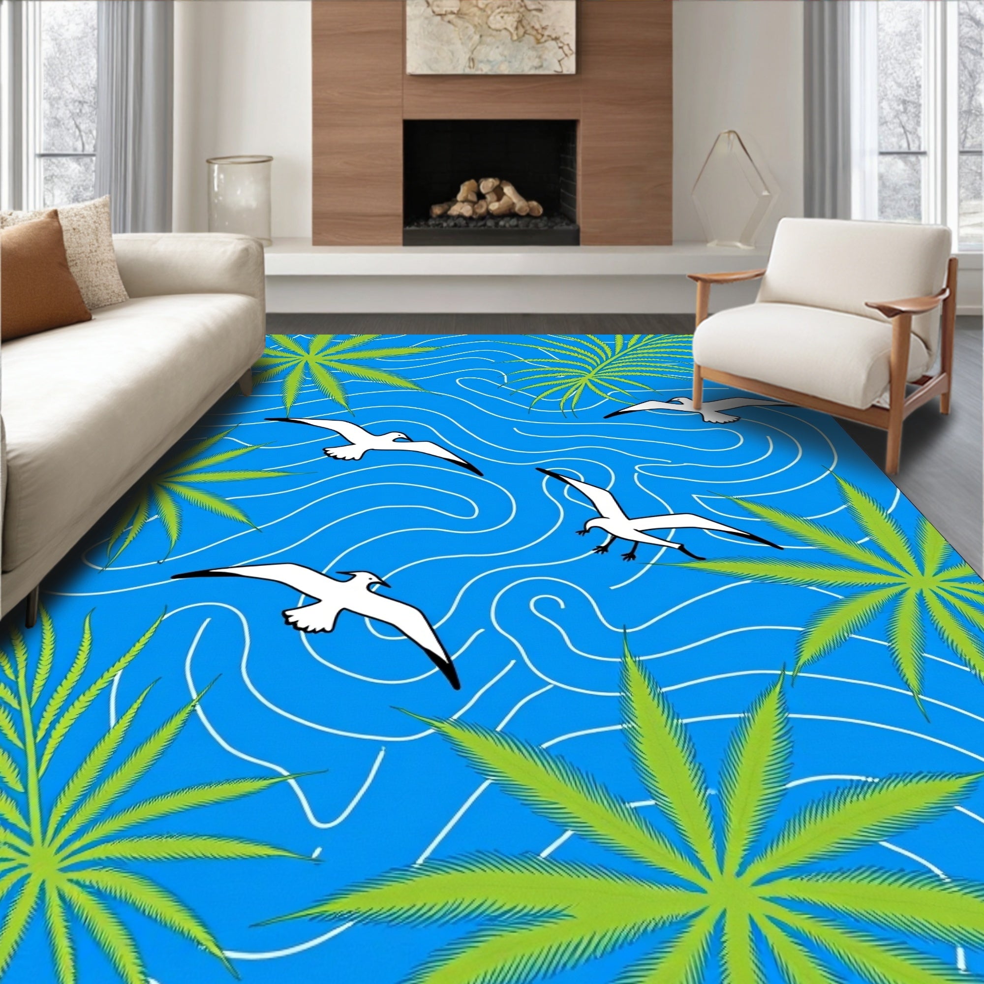 Flying Seagulls Green Palm Branches Blue Waves Rug