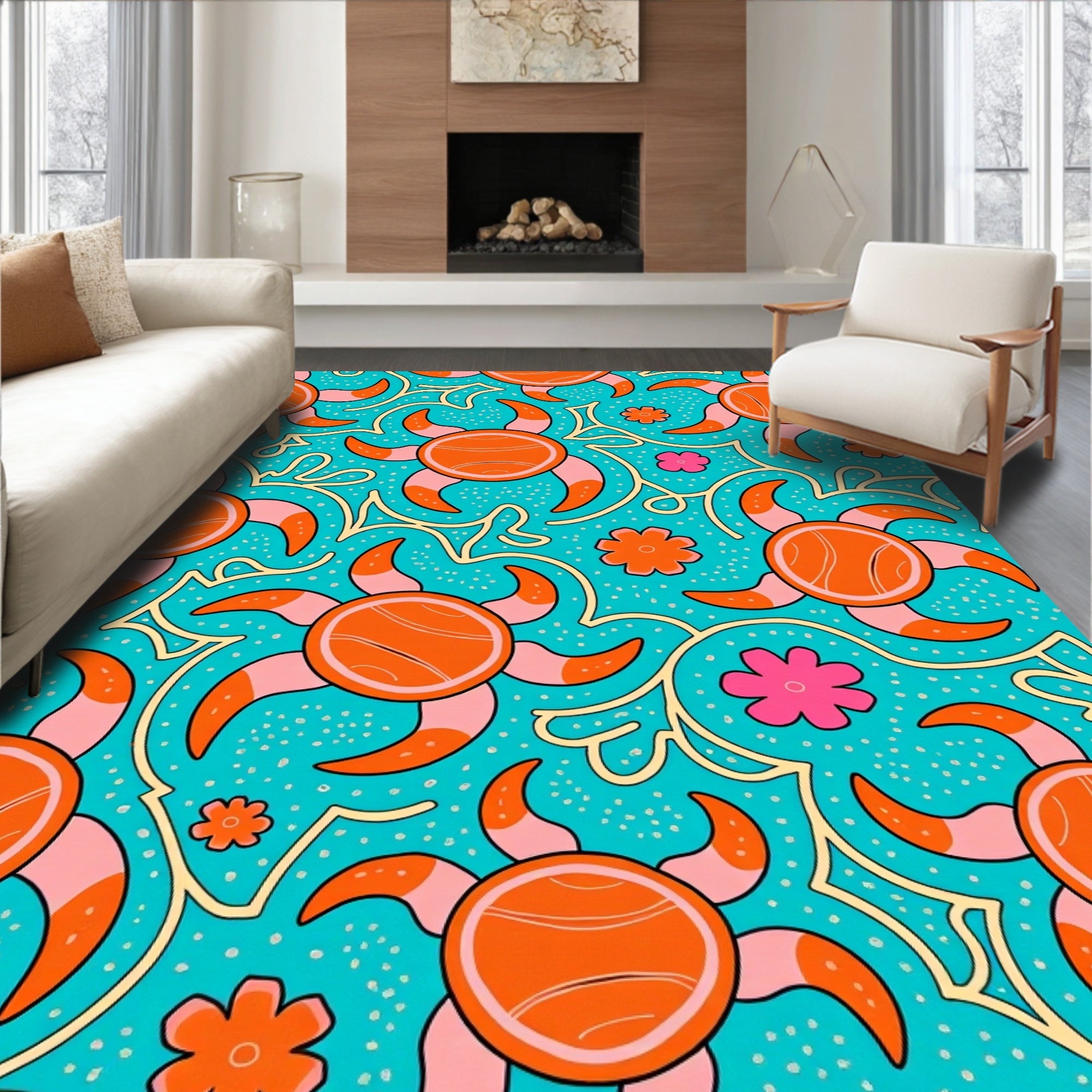 Bright Orange Sunburst Floral Aqua Rug