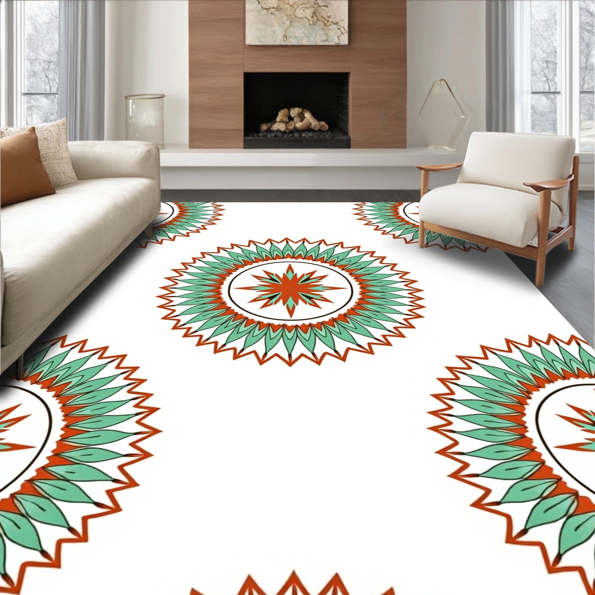 Orange Teal Sunburst Mandala Rug