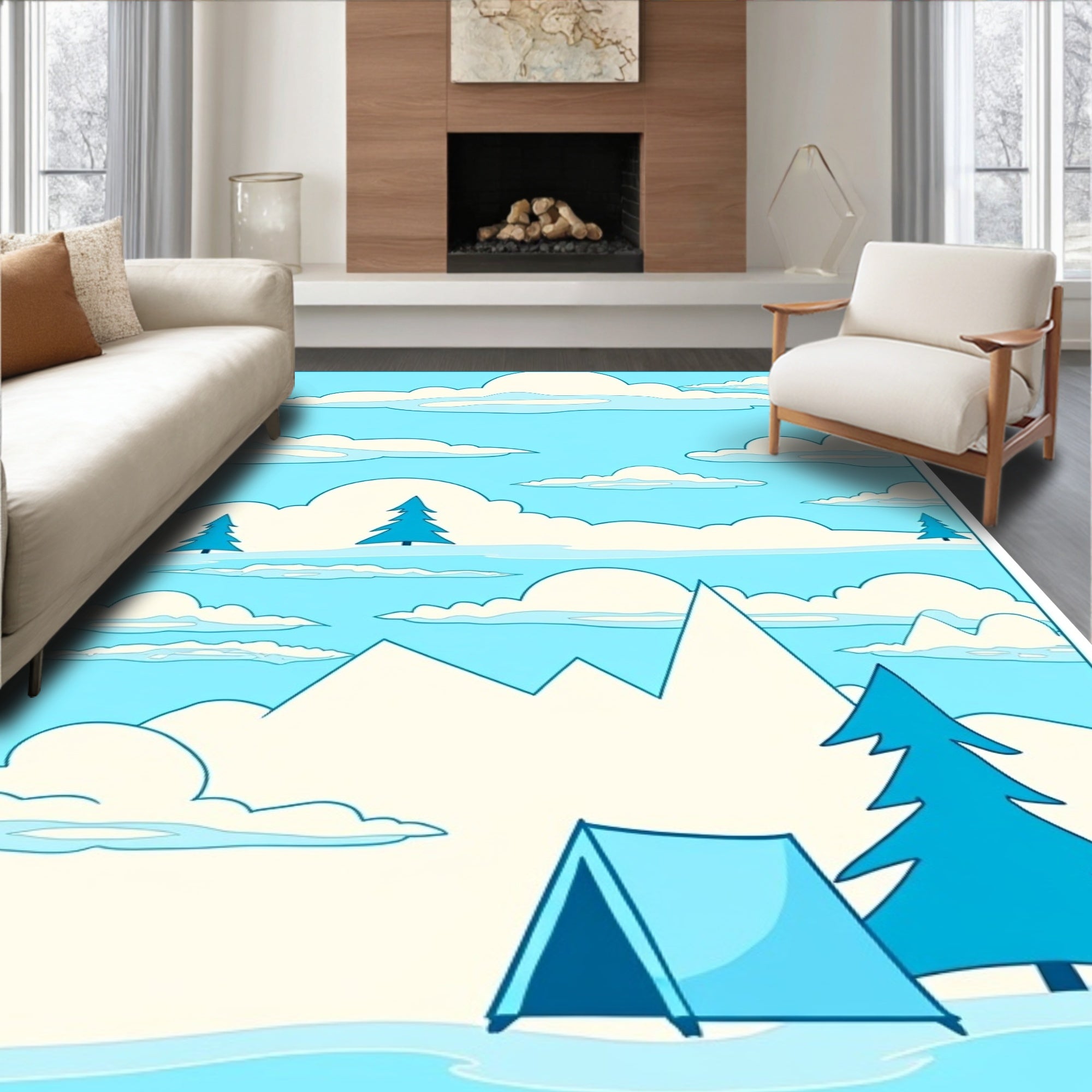 Cool Blue Mountain Tent Scene Rug