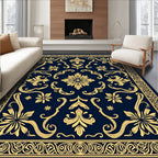 Golden Navy Floral Medallion Scroll Rug