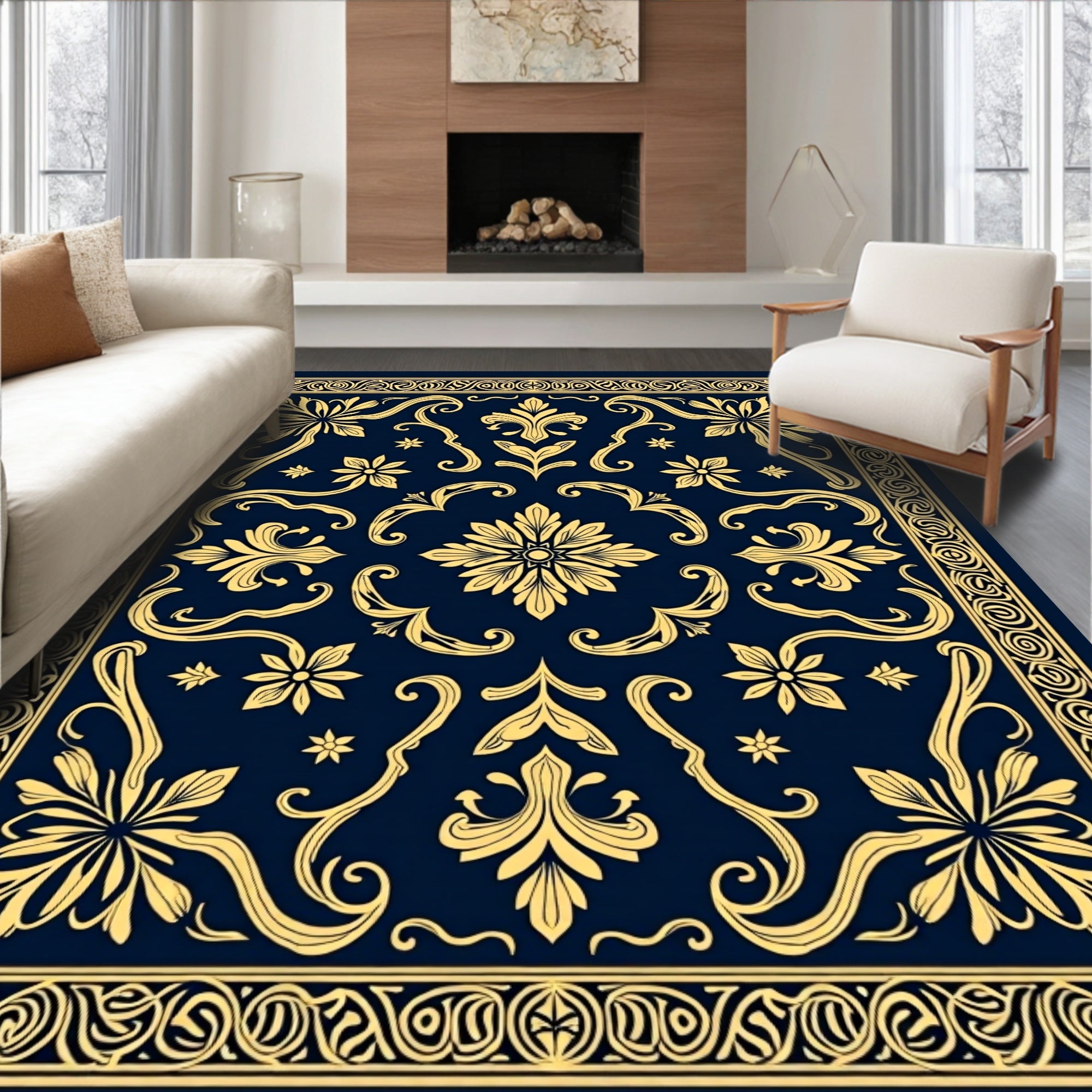 Golden Navy Floral Medallion Scroll Rug