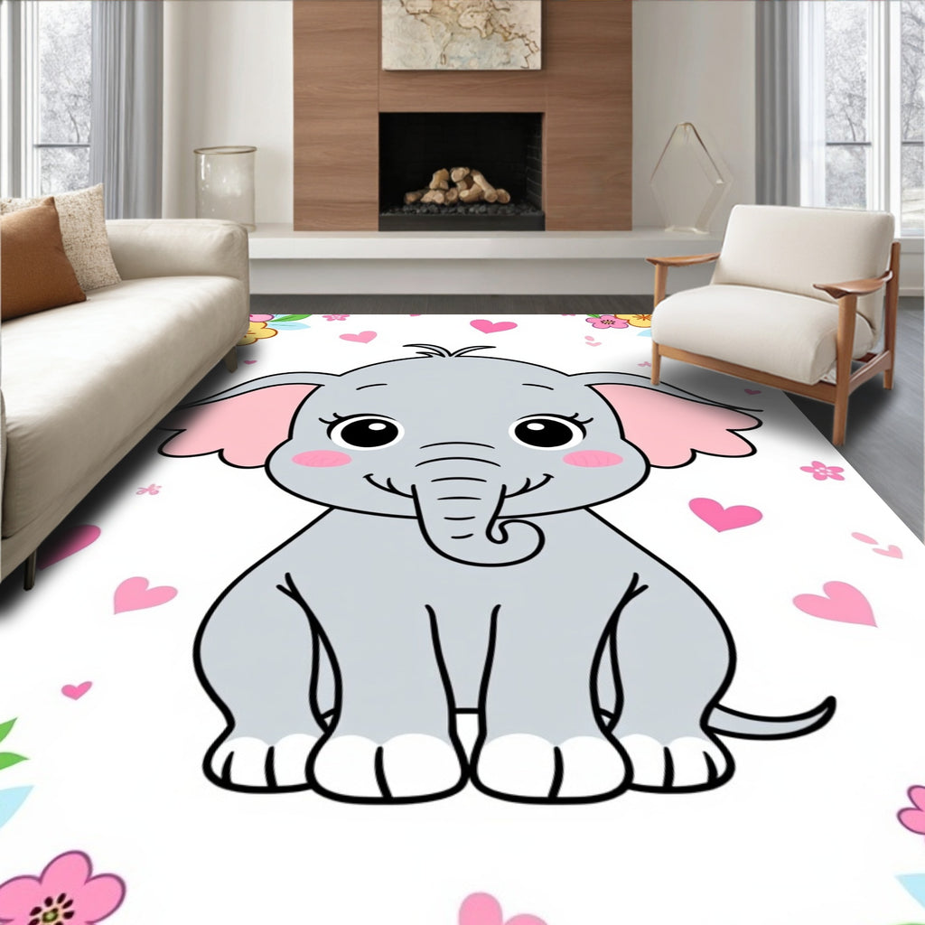 Cute Gray Baby Elephant Pink Hearts Flowers Rug