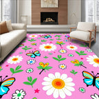 Whimsical Pink Butterfly Daisy Garden Rug