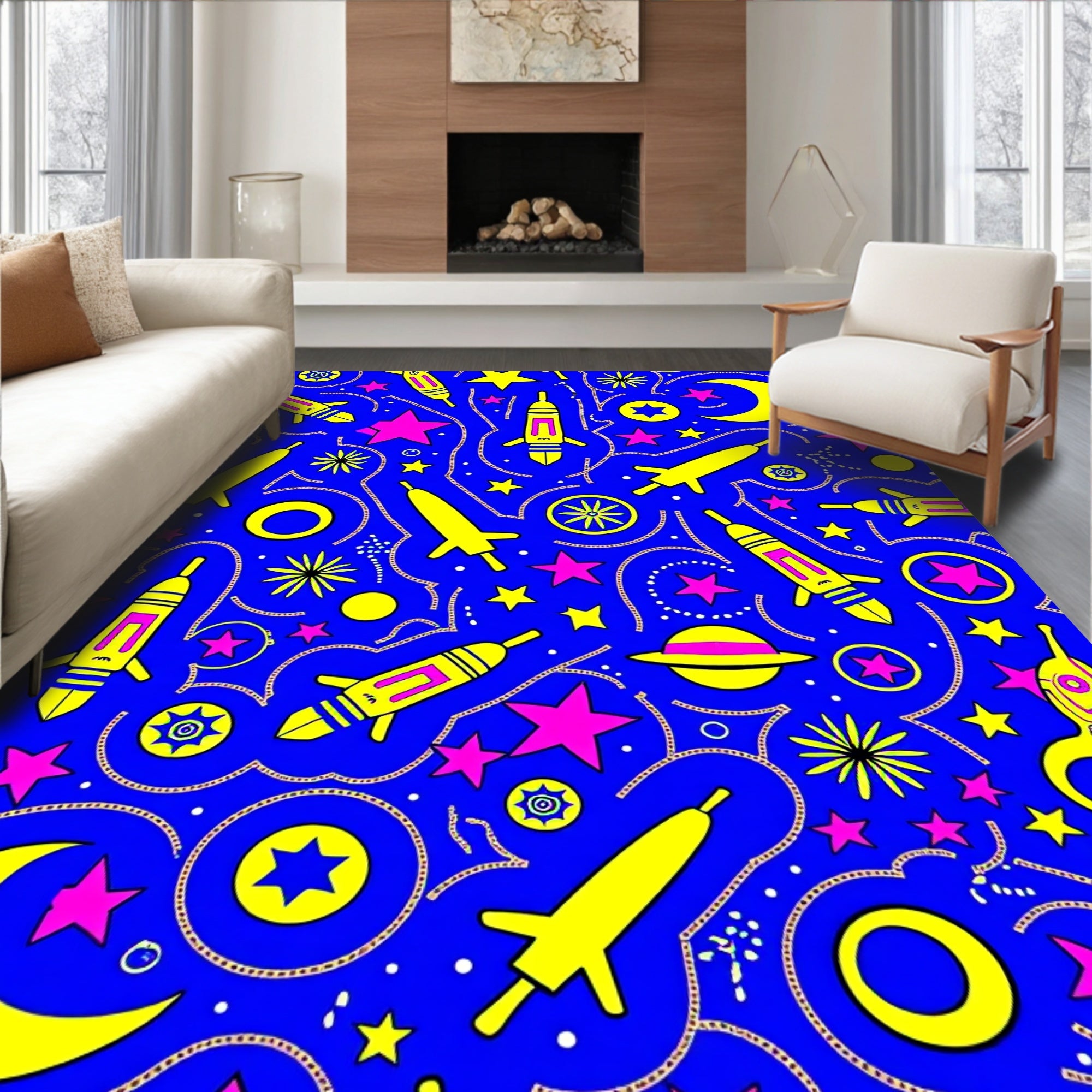 Cosmic Yellow Rocket Moon Stars Rug