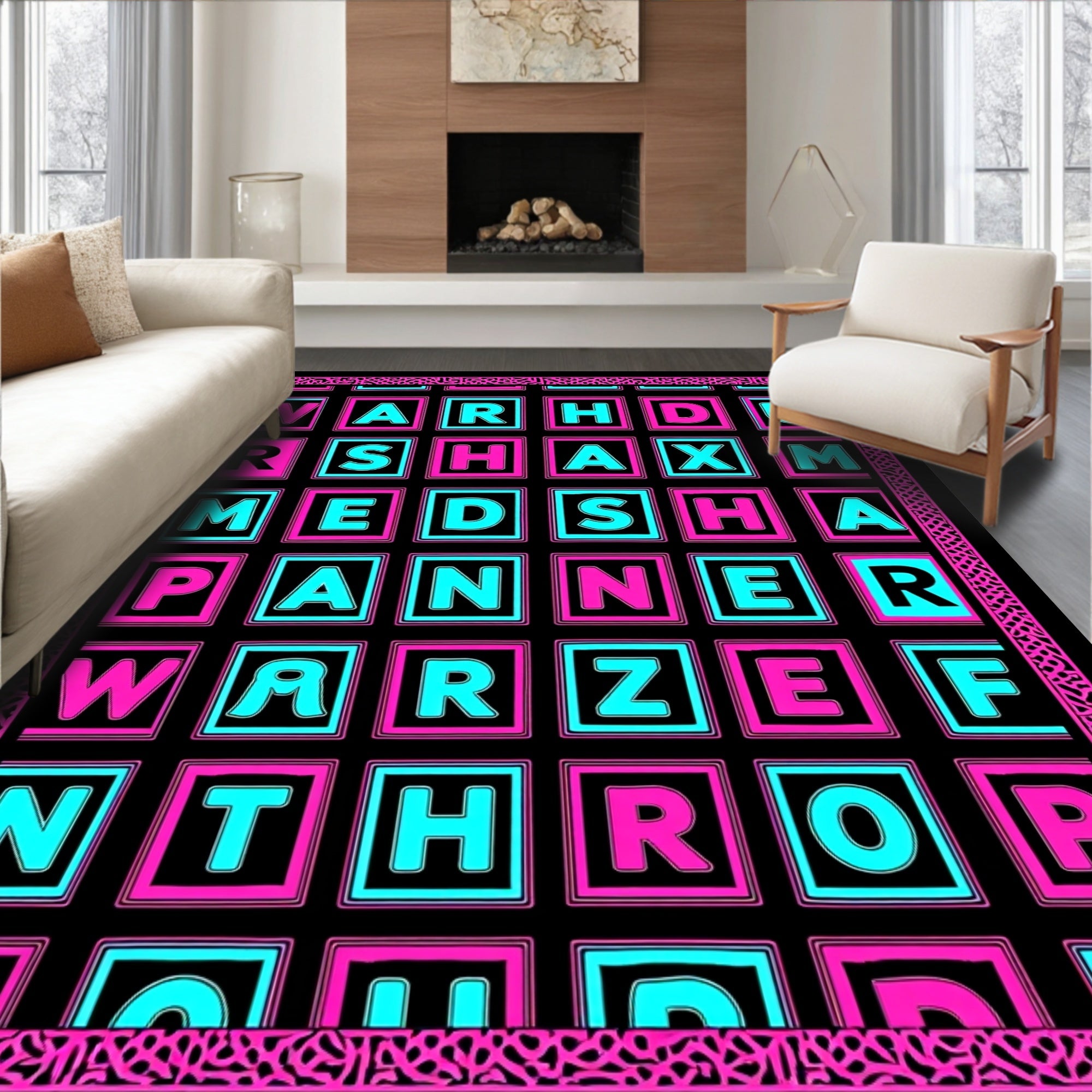 Playful Pink Cyan Alphabet Grid Rug