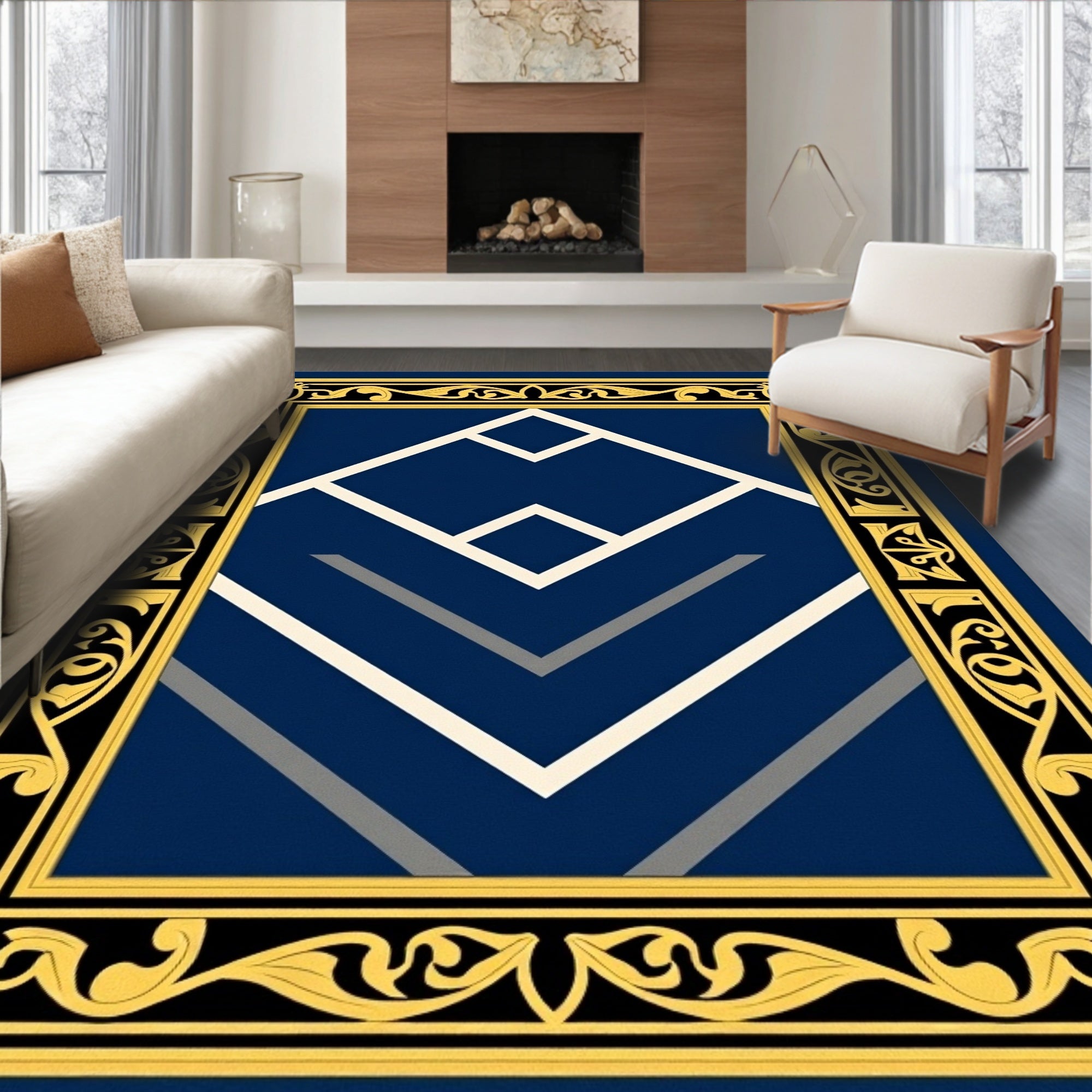 Navy Blue Bordered Geometric Diamond Rug
