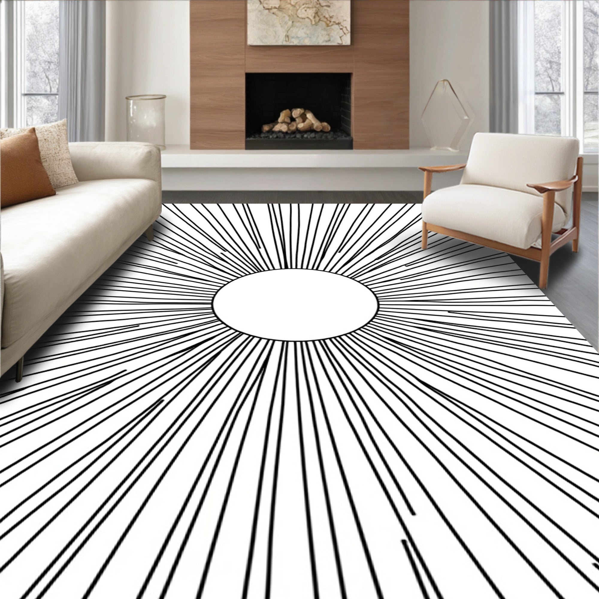 Minimalist Black Sunburst Circle Rug