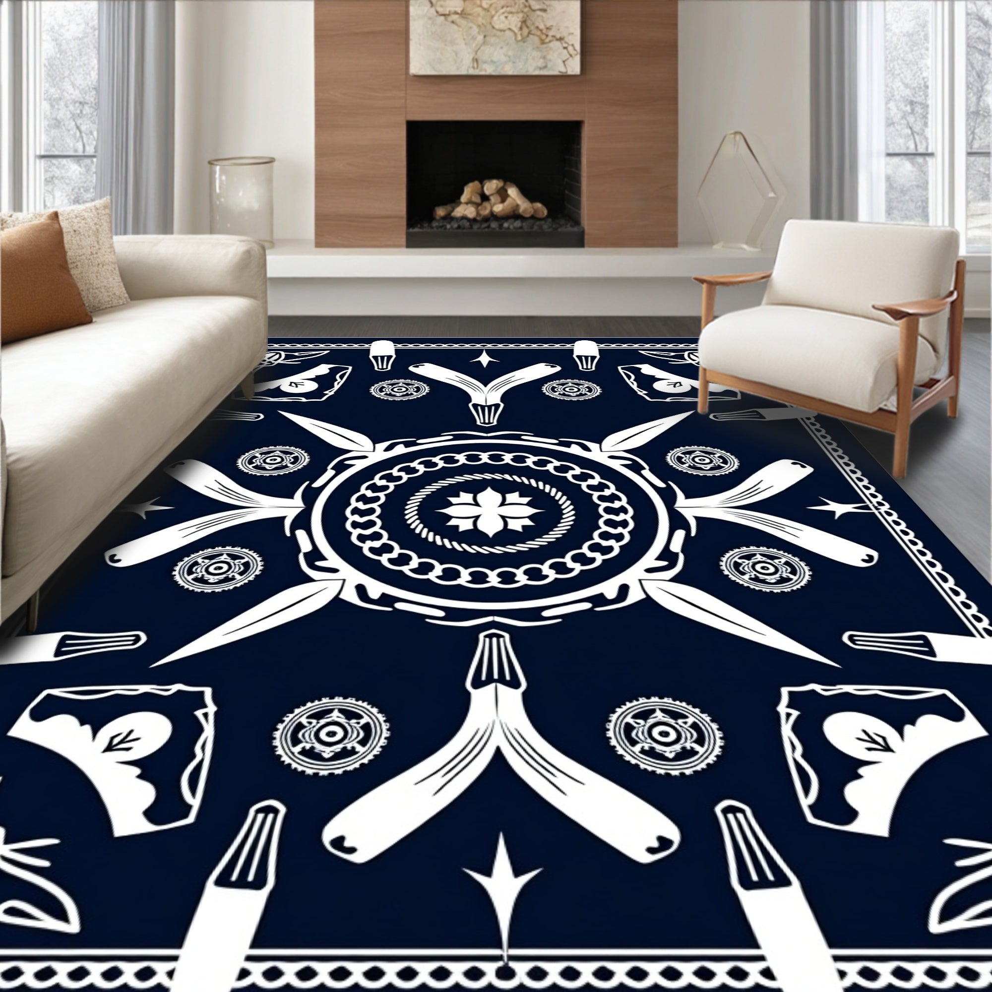 Navy White Blossom Medallion Rug