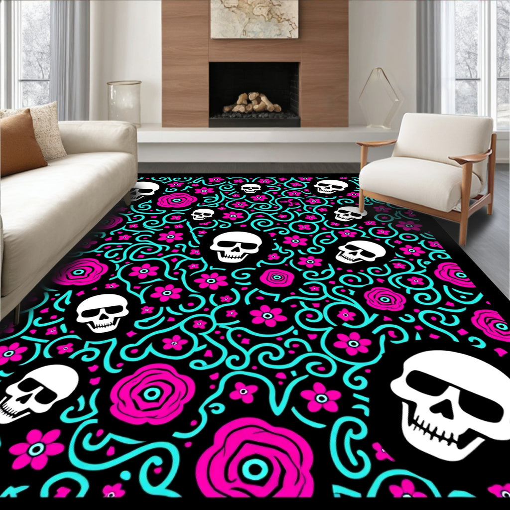 Pink Skull Floral Swirl Medallion Rug
