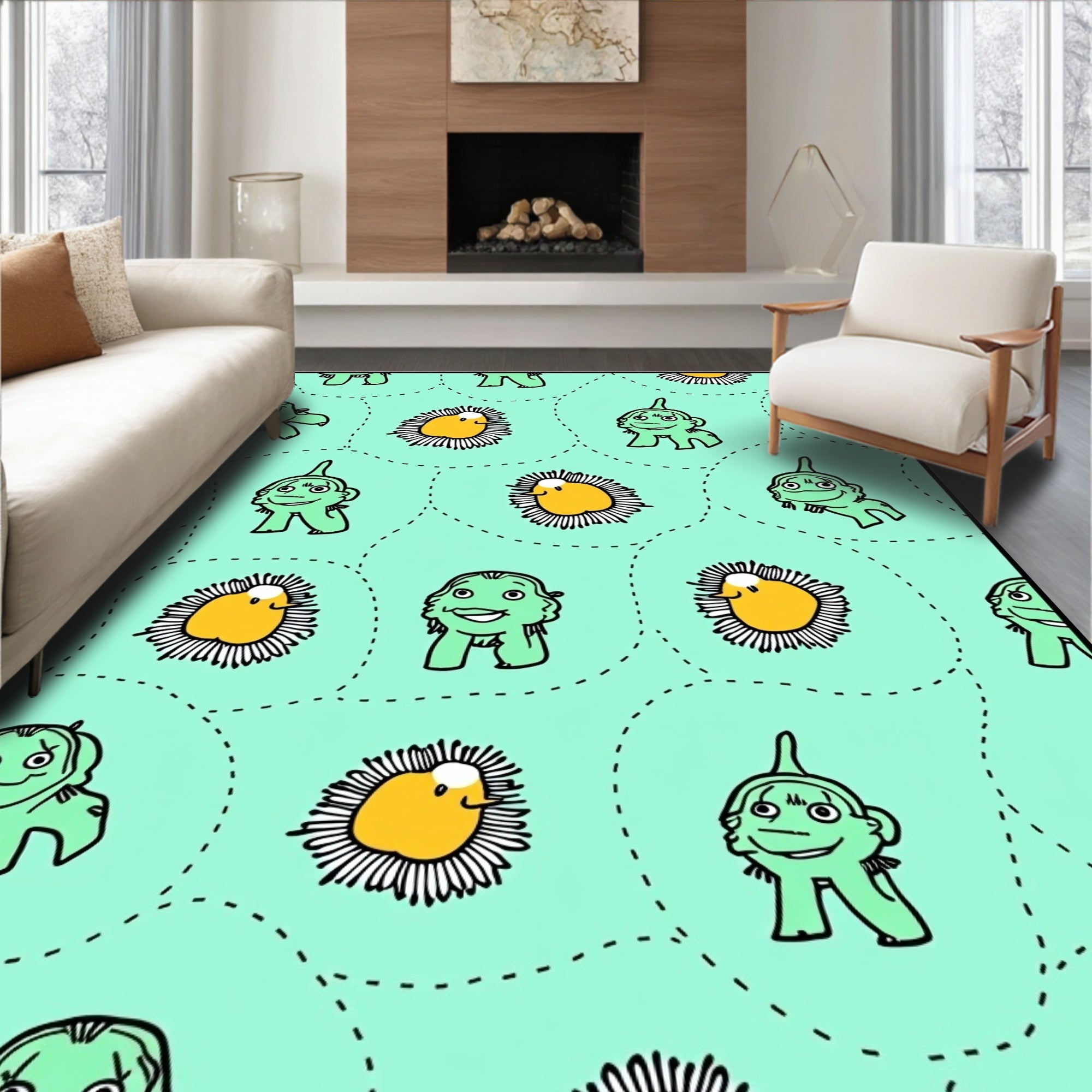 Whimsical Green Creatures Yellow Blooms Rug