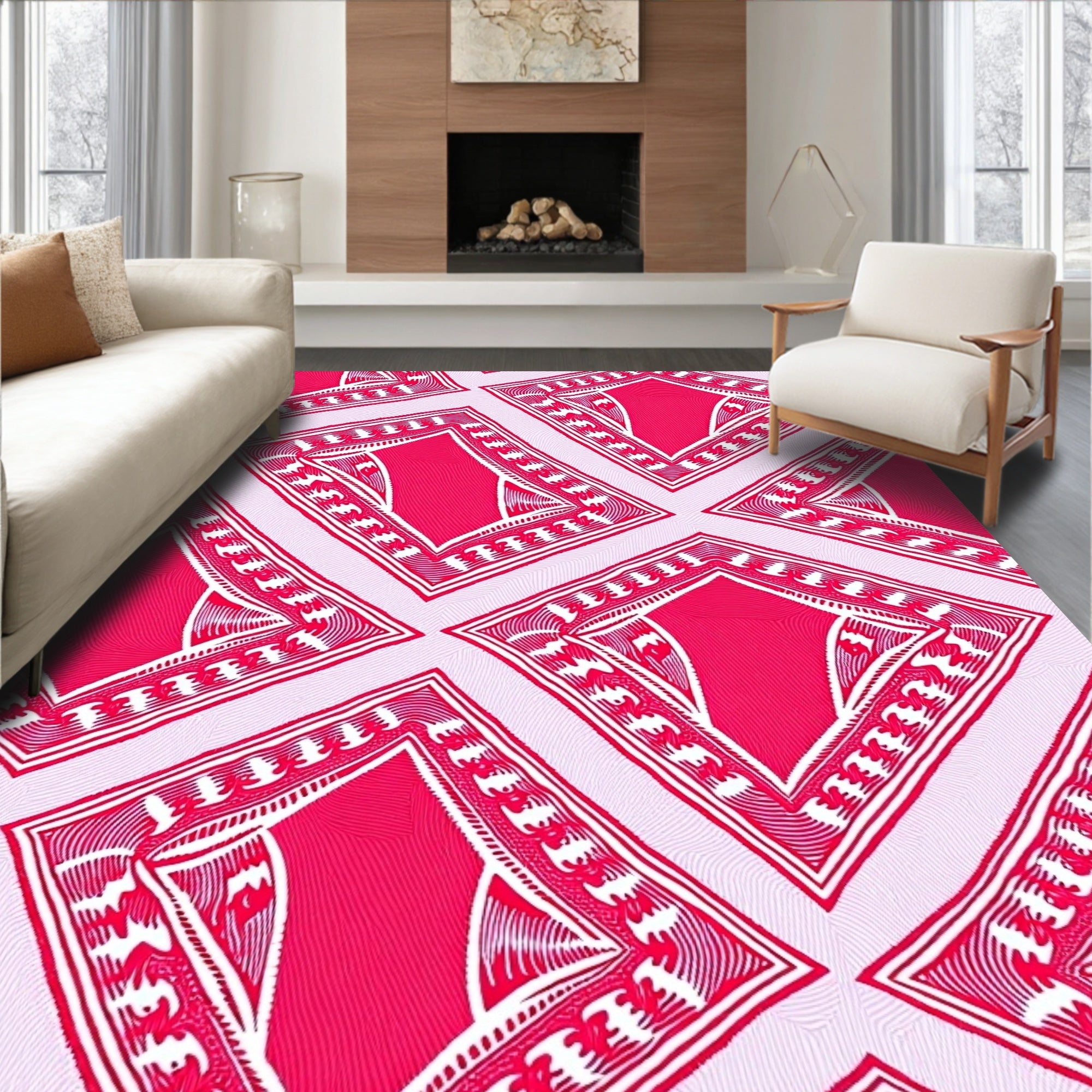 Vibrant Pink and White Diamond Medallion Rug