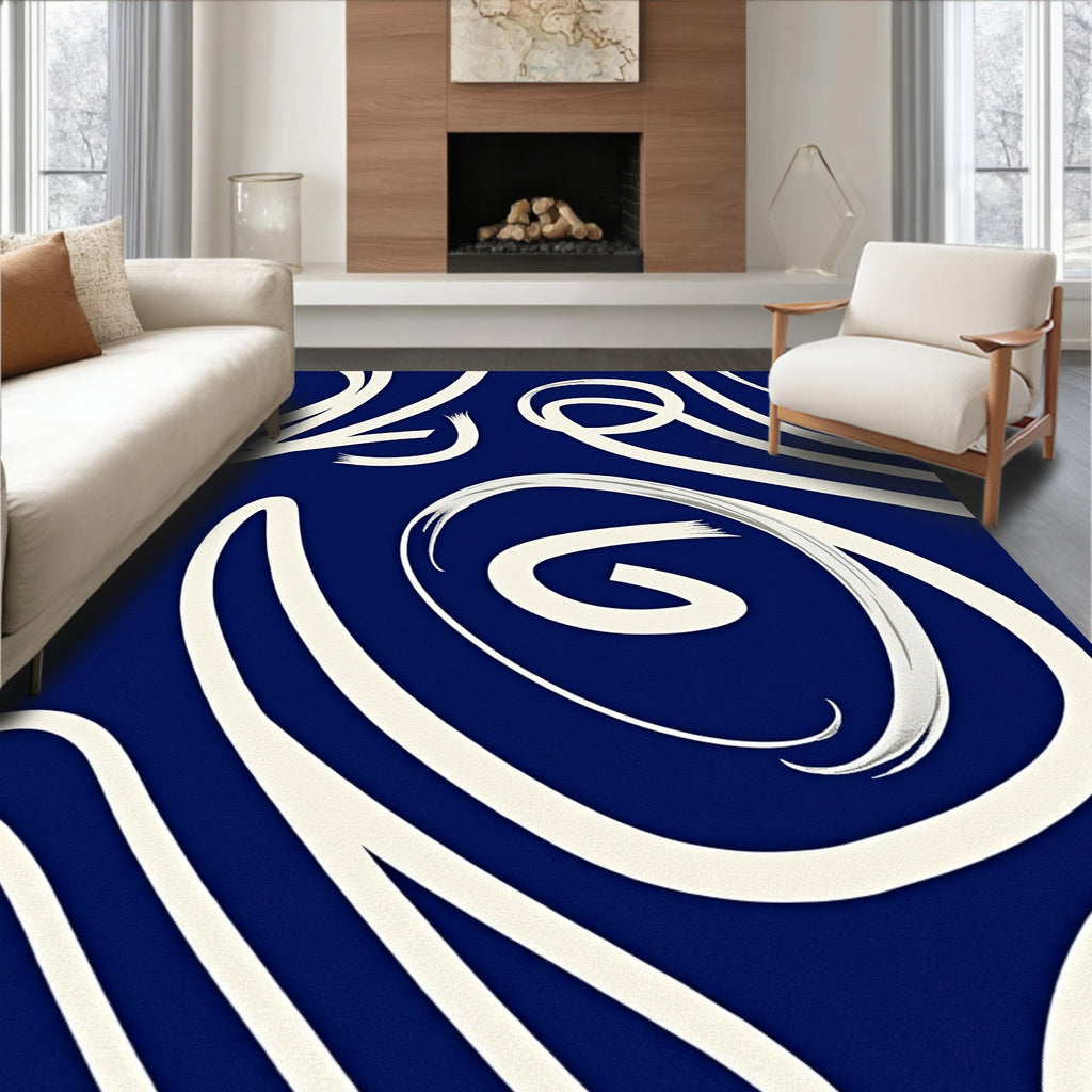 Indigo Swirl Cream Abstract Ribbons Rug