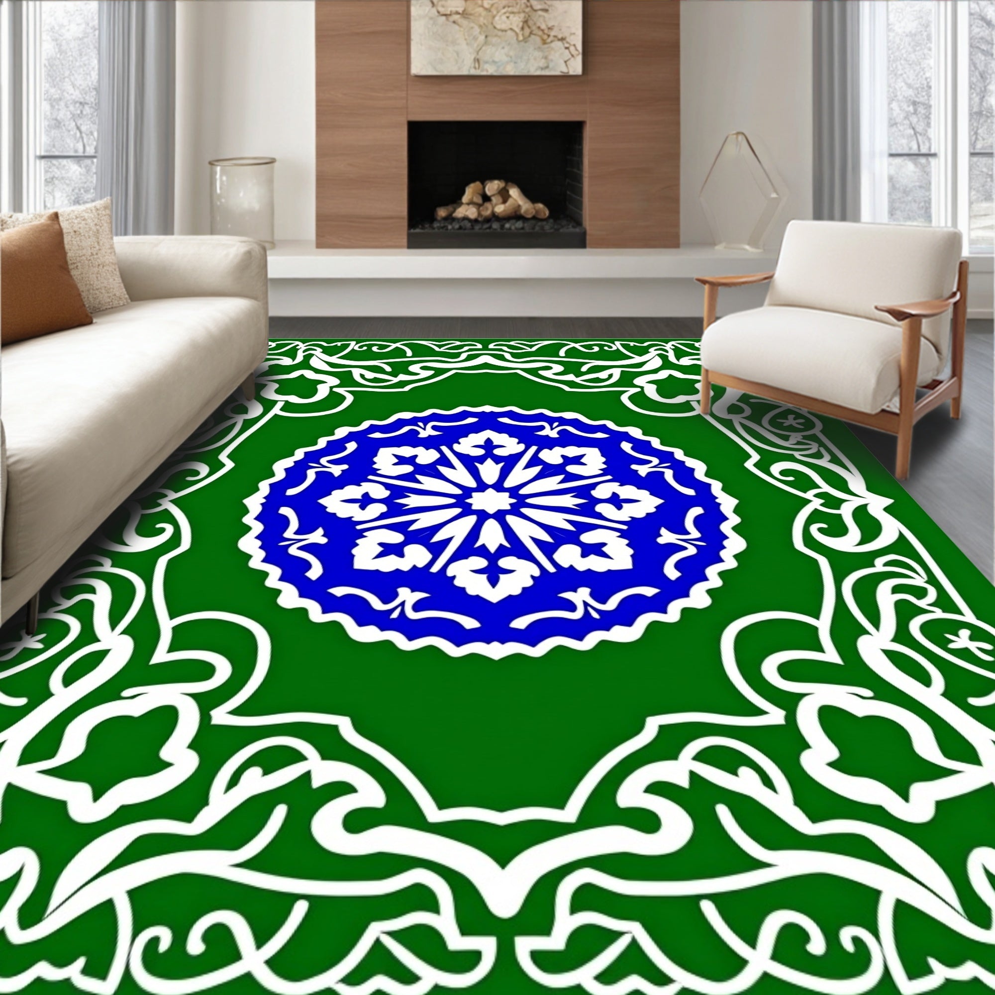 Emerald Green White Blue Medallion Swirl Rug