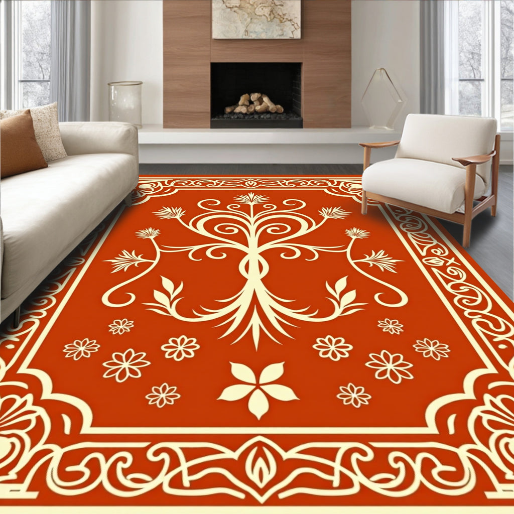 Amber Red Floral Tree Scrollwork Rug