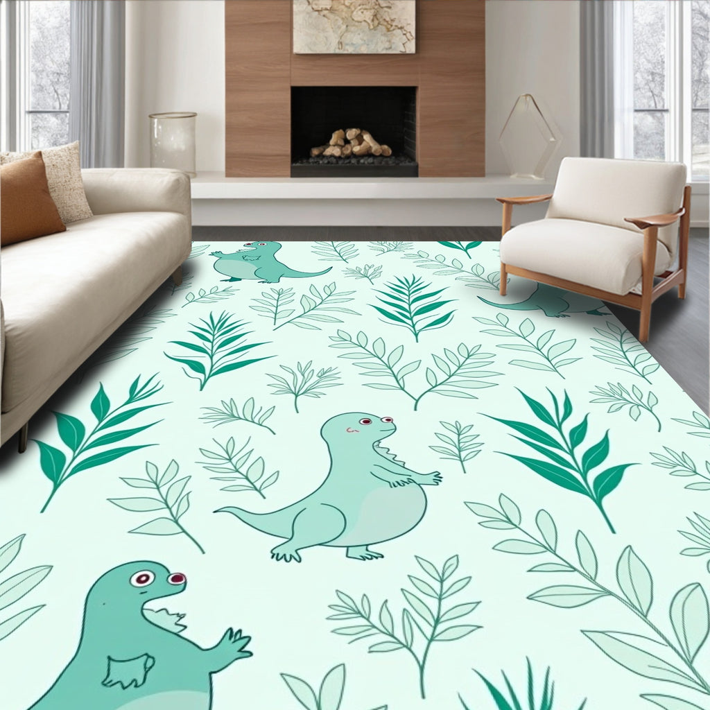 Teal Dinosaur Foliage Botanical Arrangement Rug