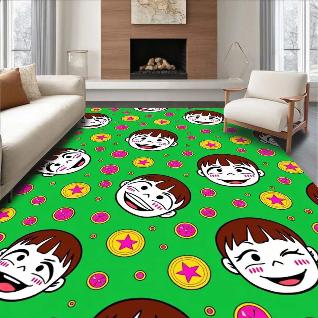 Joyful Child Faces Bright Star Coins Rug