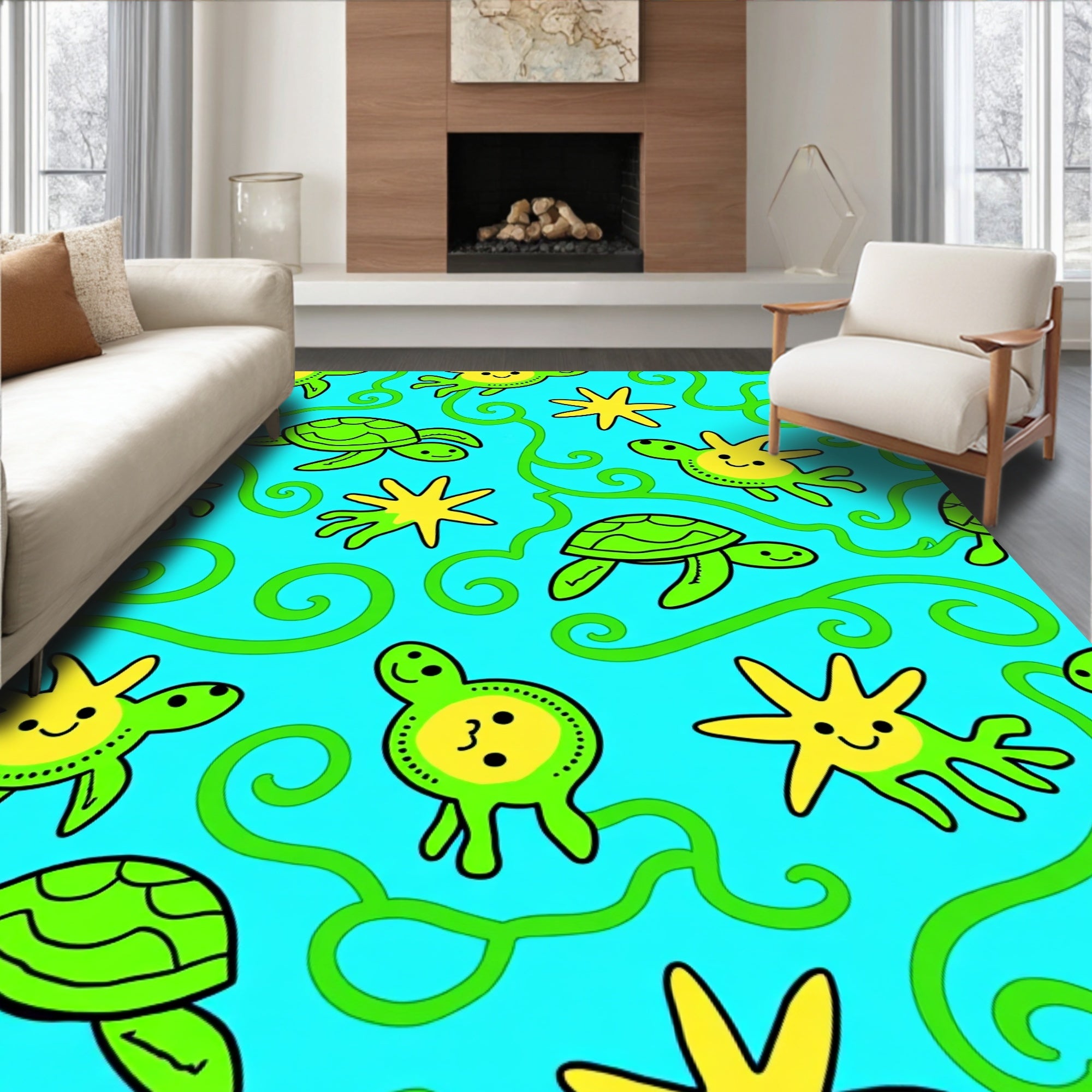 Cute Green Turtles Yellow Starfish Swirls Rug