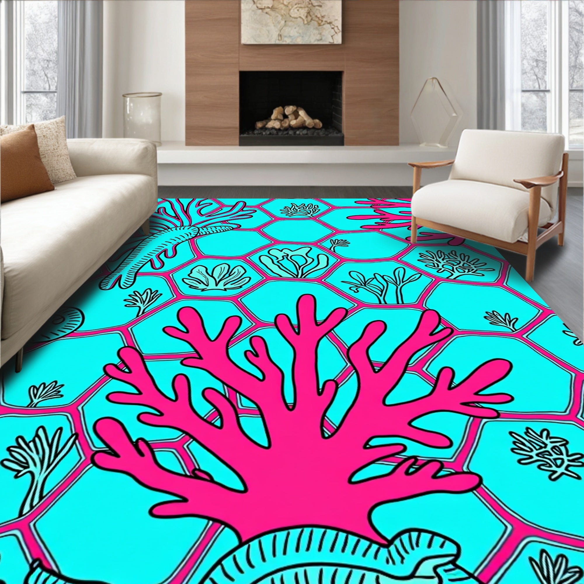 Coral Reef Teal And Pink Hexagons Rug