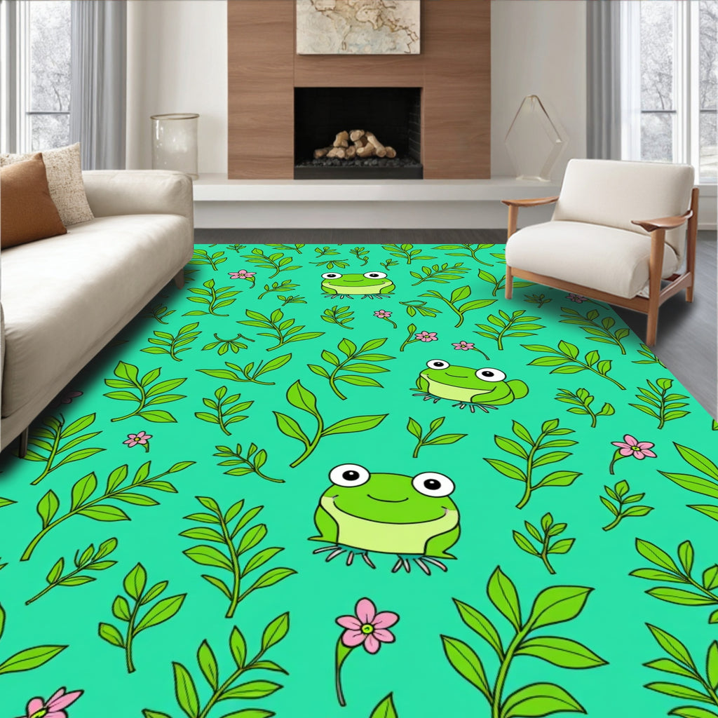 Whimsical Frogs Green Foliage Bloom Rug