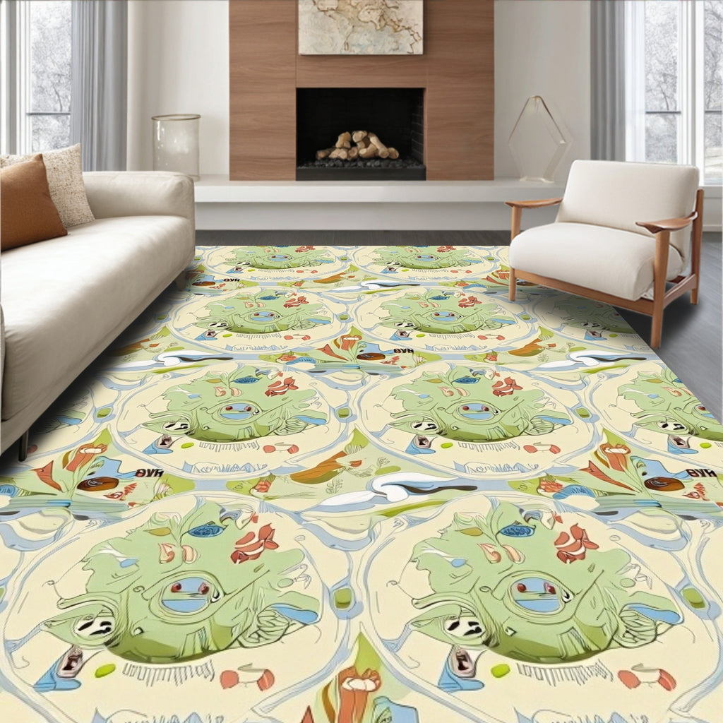 Whimsical Green Creature Aquatic Mandala Rug