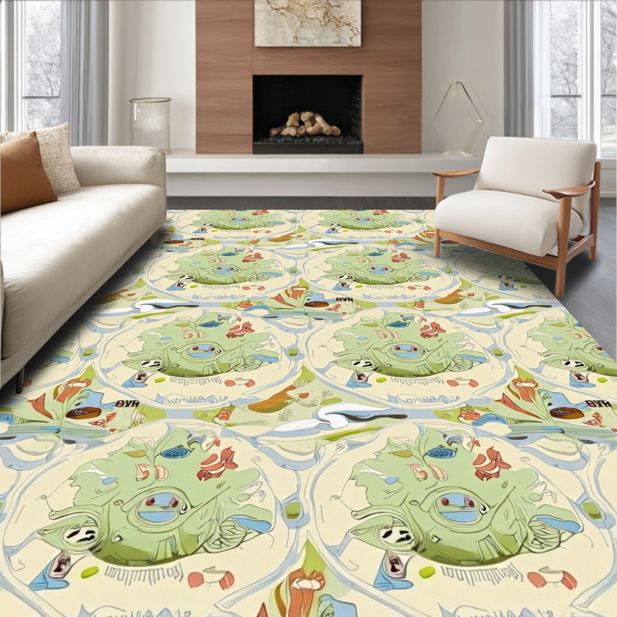 Whimsical Green Creature Aquatic Mandala Rug