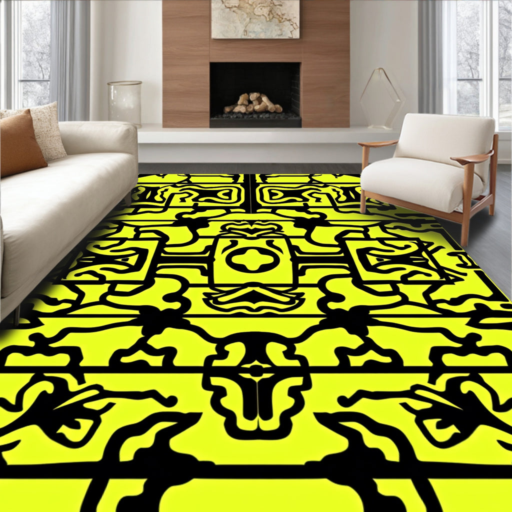 Bold Yellow Black Abstract Interlocking Shapes Rug