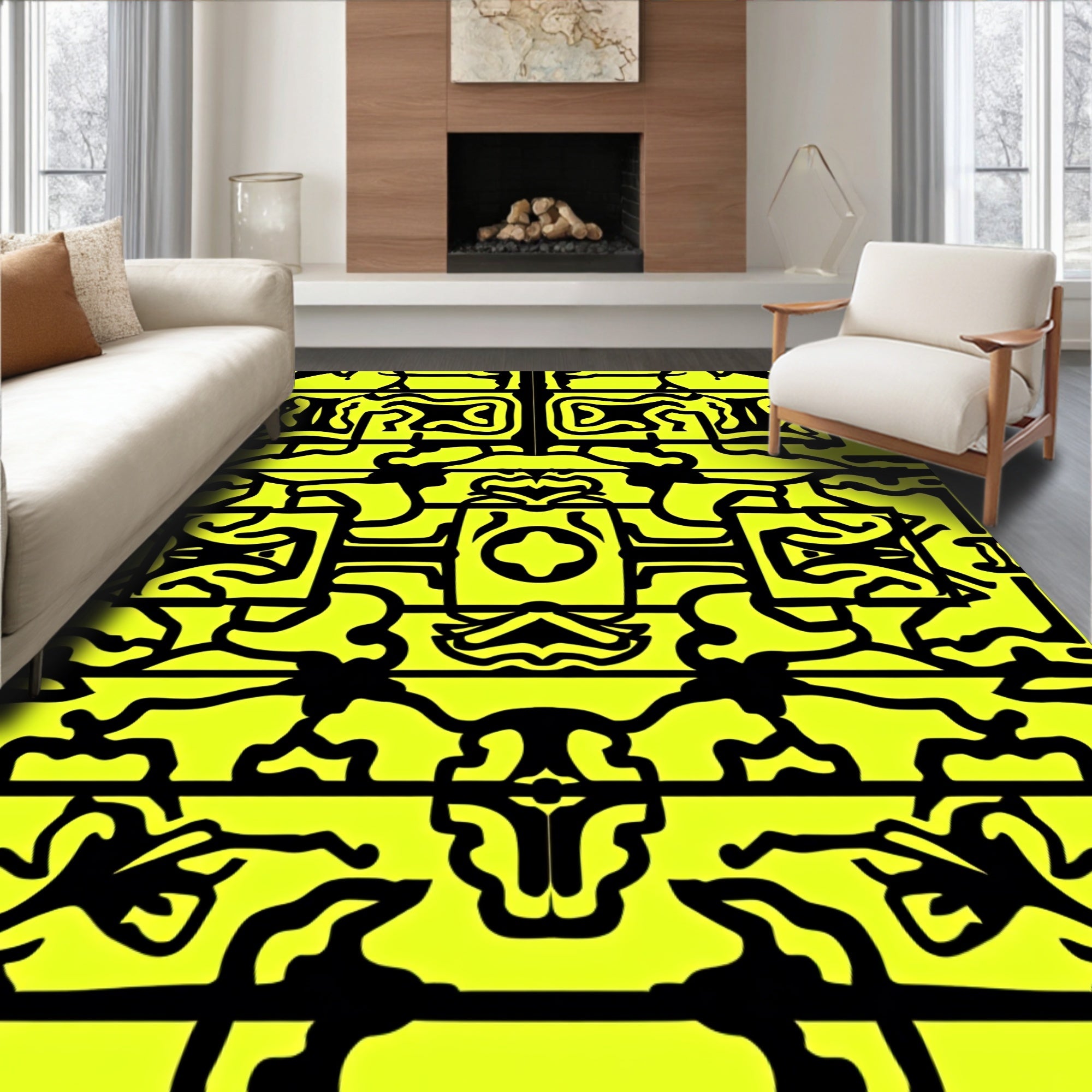 Bold Yellow Black Abstract Interlocking Shapes Rug