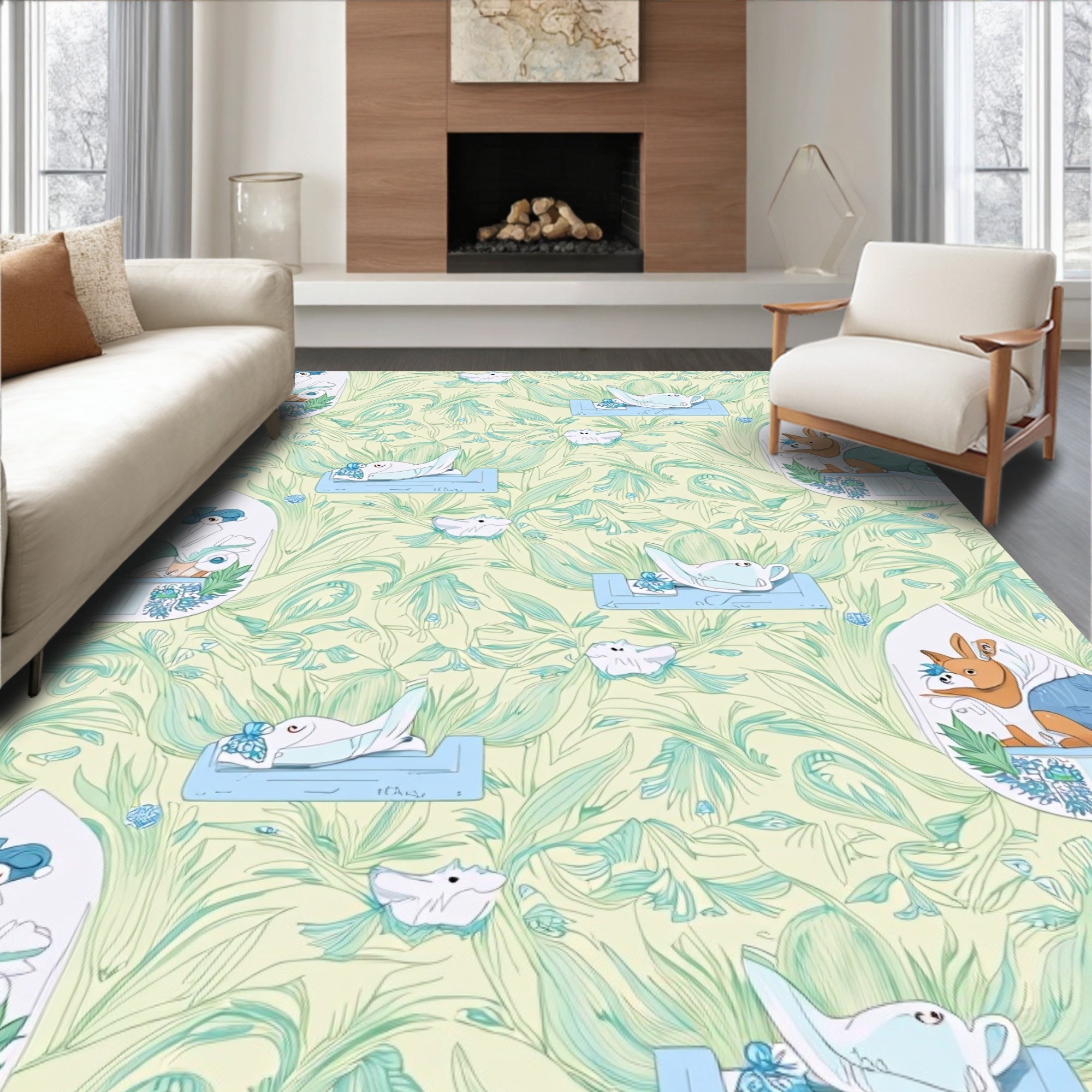 Whimsical Animal Meadow Floral Comforter Rug