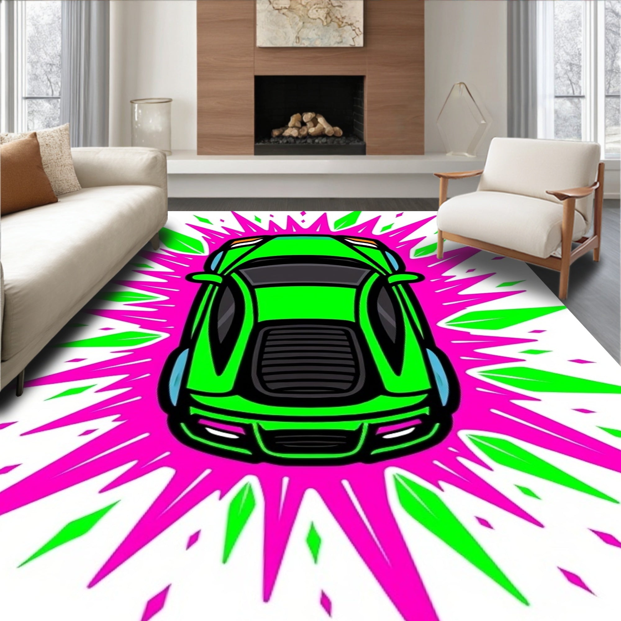 Bright Green Car Burst Rug