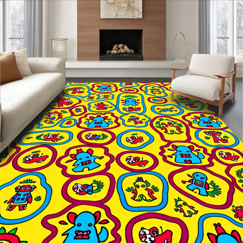 Whimsical Yellow Monster Invasion Rug