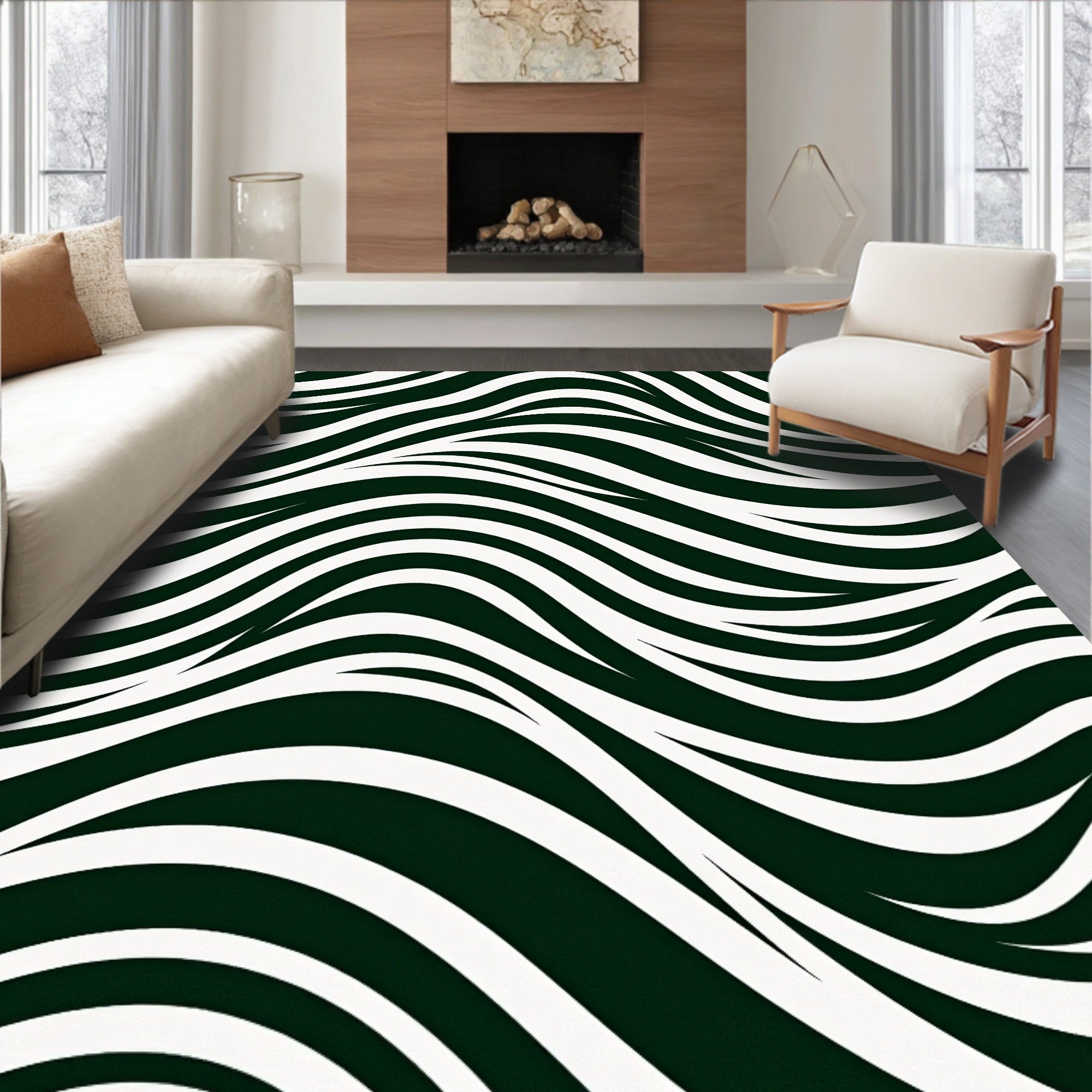 Dark Green White Wave Flow Rug