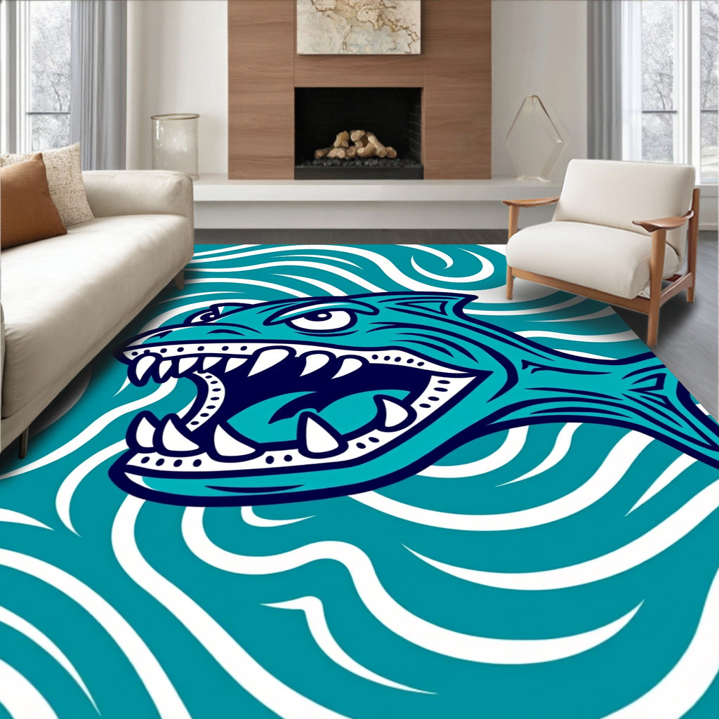 Fierce Teal Shark Ocean Waves Rug