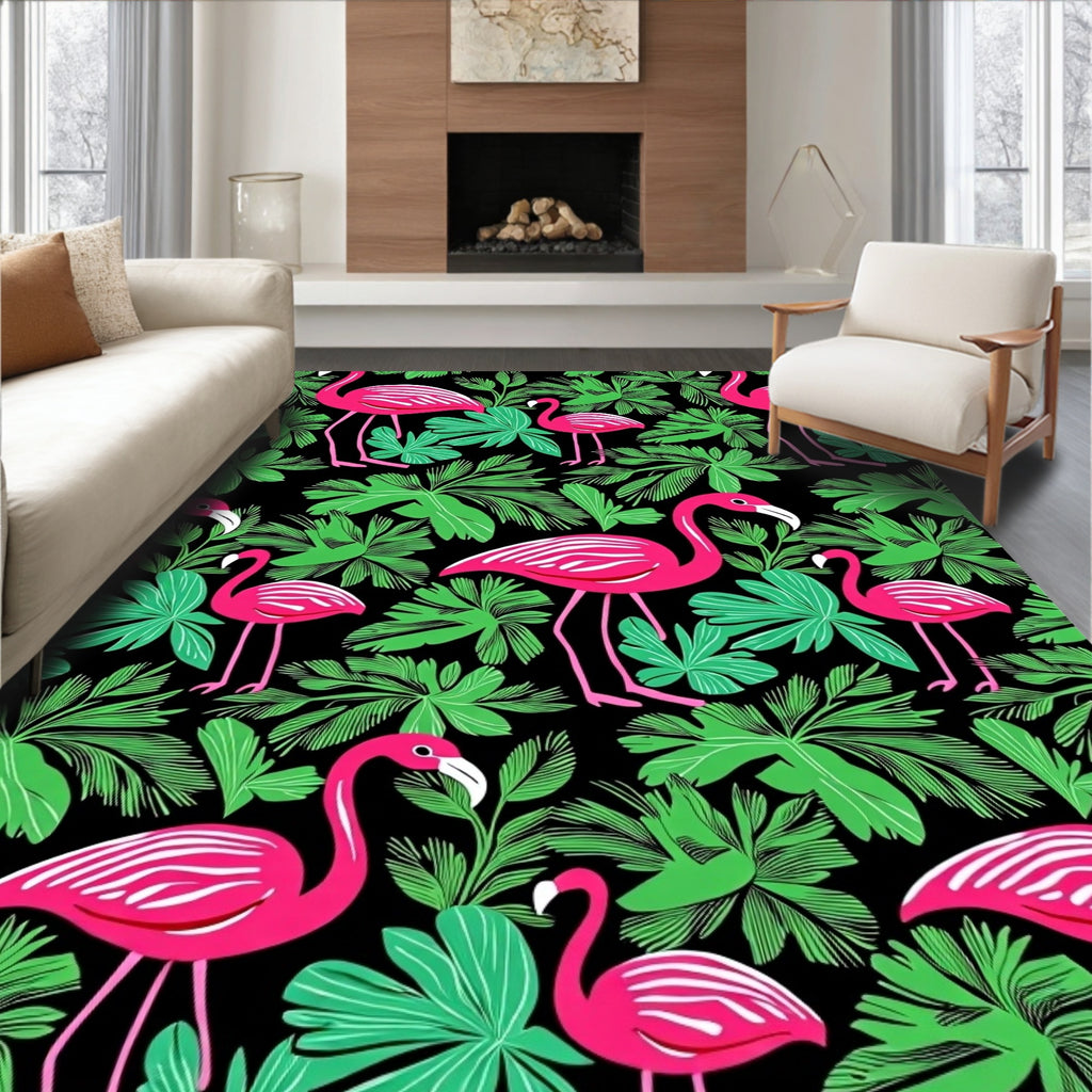 Tropical Pink Flamingos Lush Green Foliage Rug