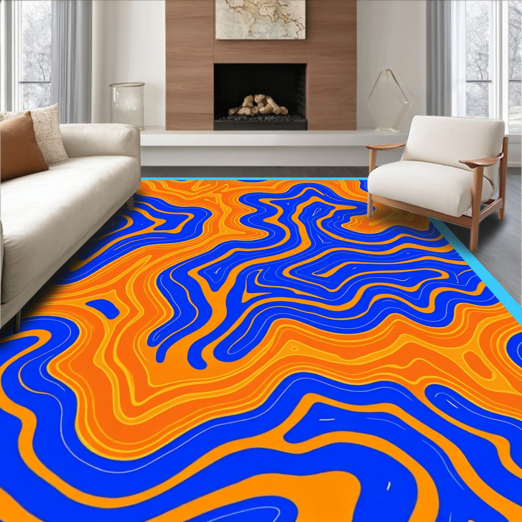 Vibrant Orange Blue Swirl Topography Rug