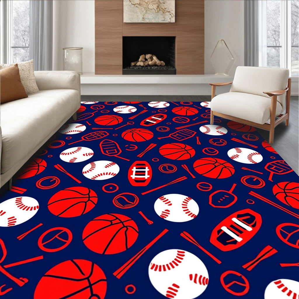 Red White Sports Balls Collection Rug
