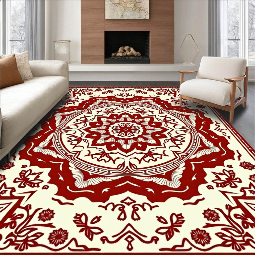 Deep Red Floral Mandala Centerpiece Rug