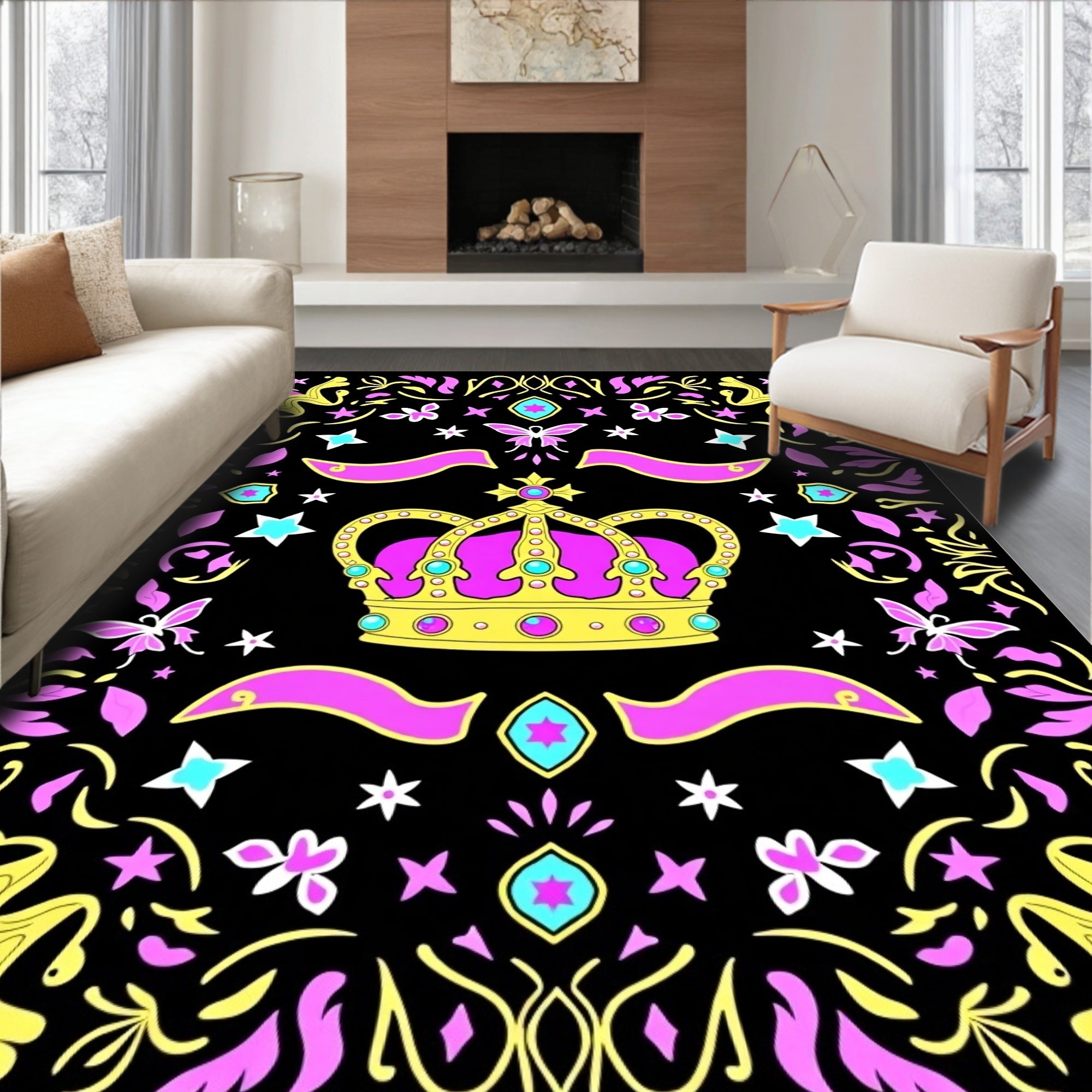 Bold Pink Yellow Crown Starburst Rug