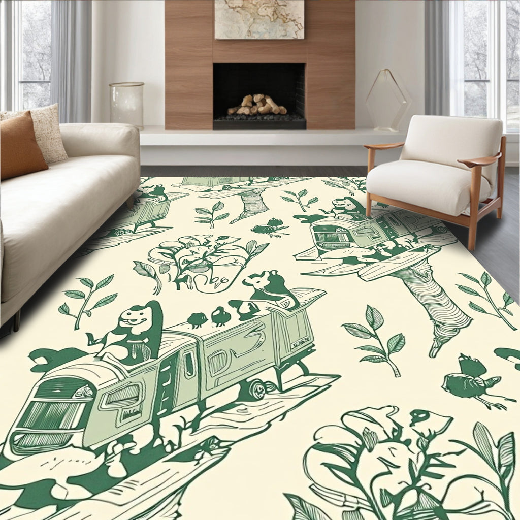 Whimsical Green Train Animals Foliage Rug