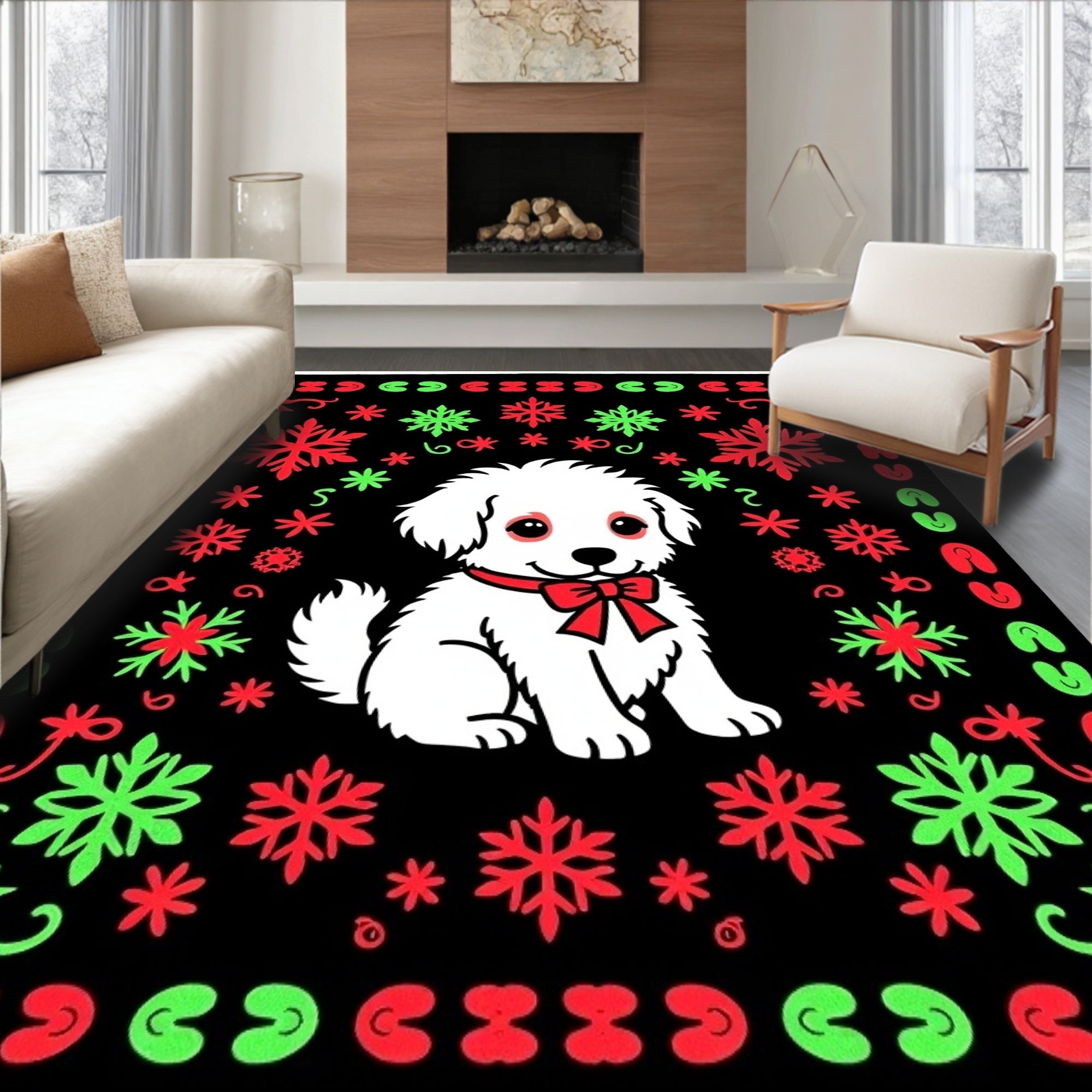 Cute White Puppy Snowflake Holiday Rug